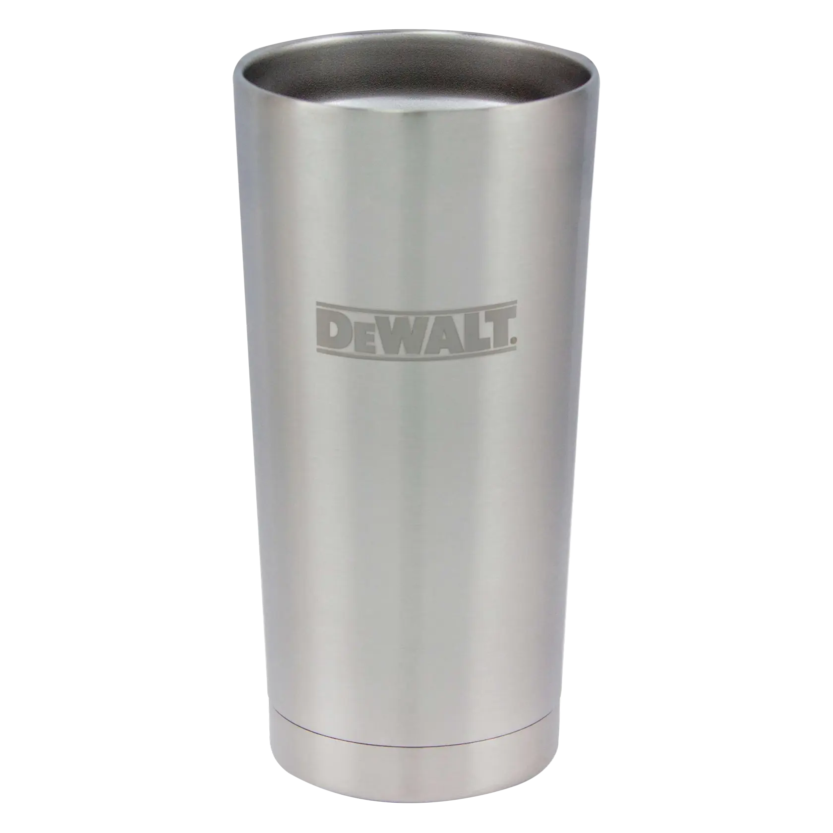 A stainless steel tumbler with the DEWALT logo engraved on the front.
