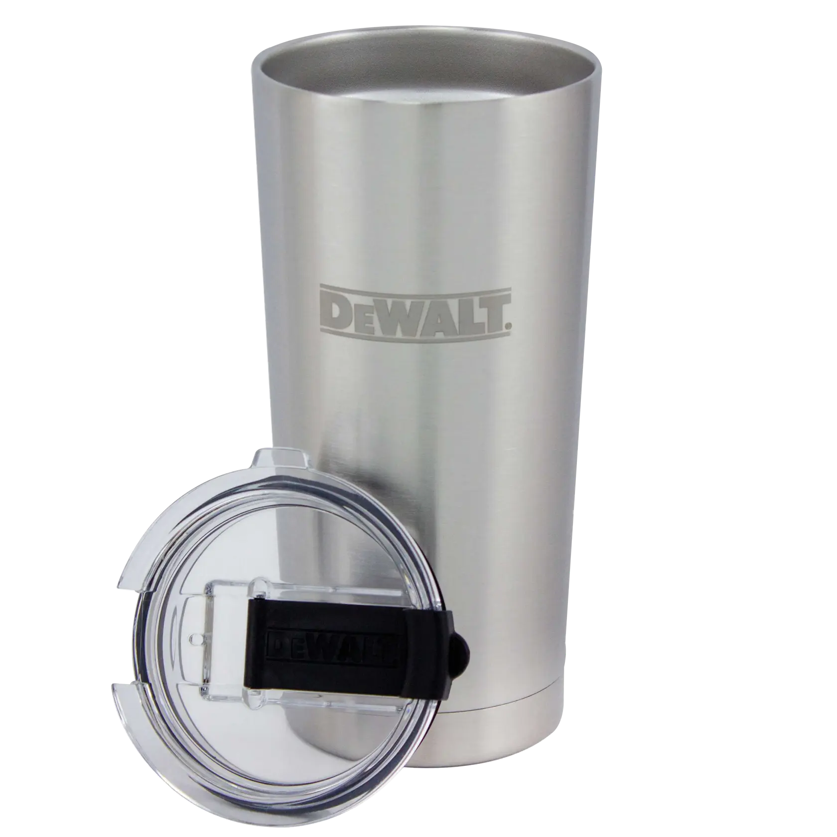 A stainless steel DEWALT tumbler with a detachable clear plastic lid featuring a black sliding closure, shown in front of the tumbler.