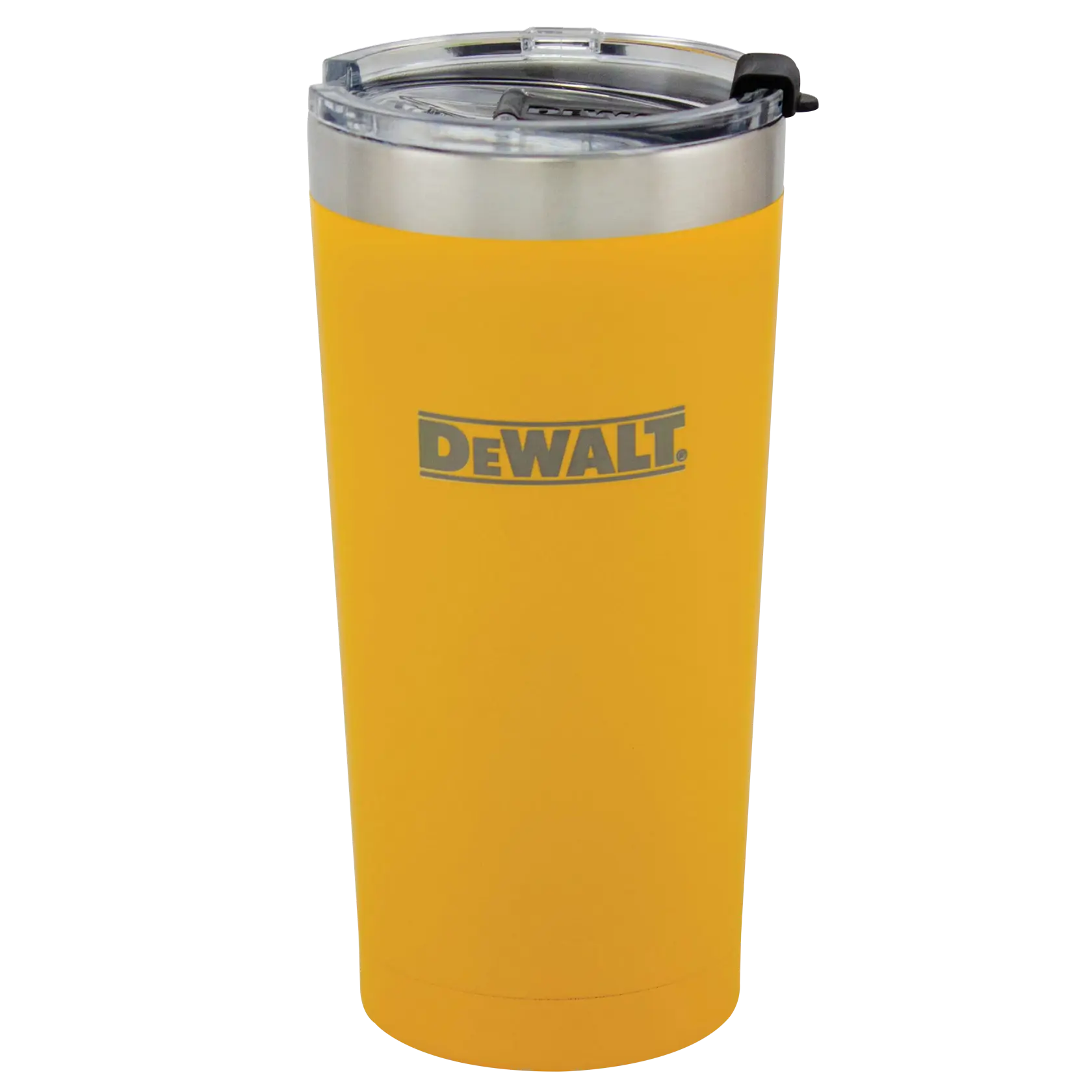 A yellow DeWALT insulated travel tumbler with a clear lid and stainless steel rim.