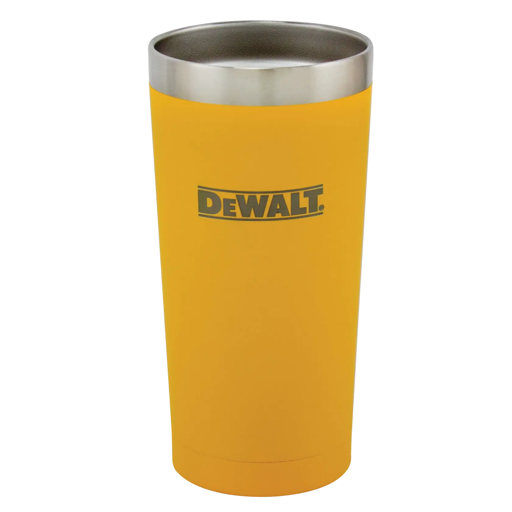 A yellow insulated travel tumbler with a stainless steel rim, featuring the DEWALT logo on the front.