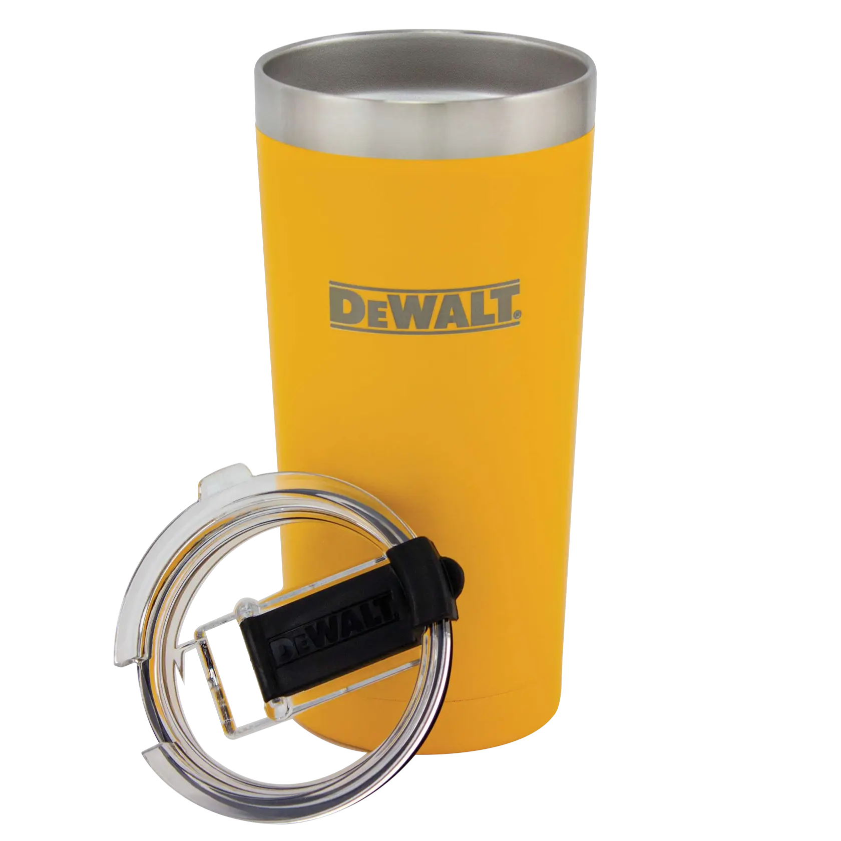 A yellow DEWALT travel tumbler with a silver rim, shown with a clear plastic lid featuring a black sliding closure placed in front of the tumbler.