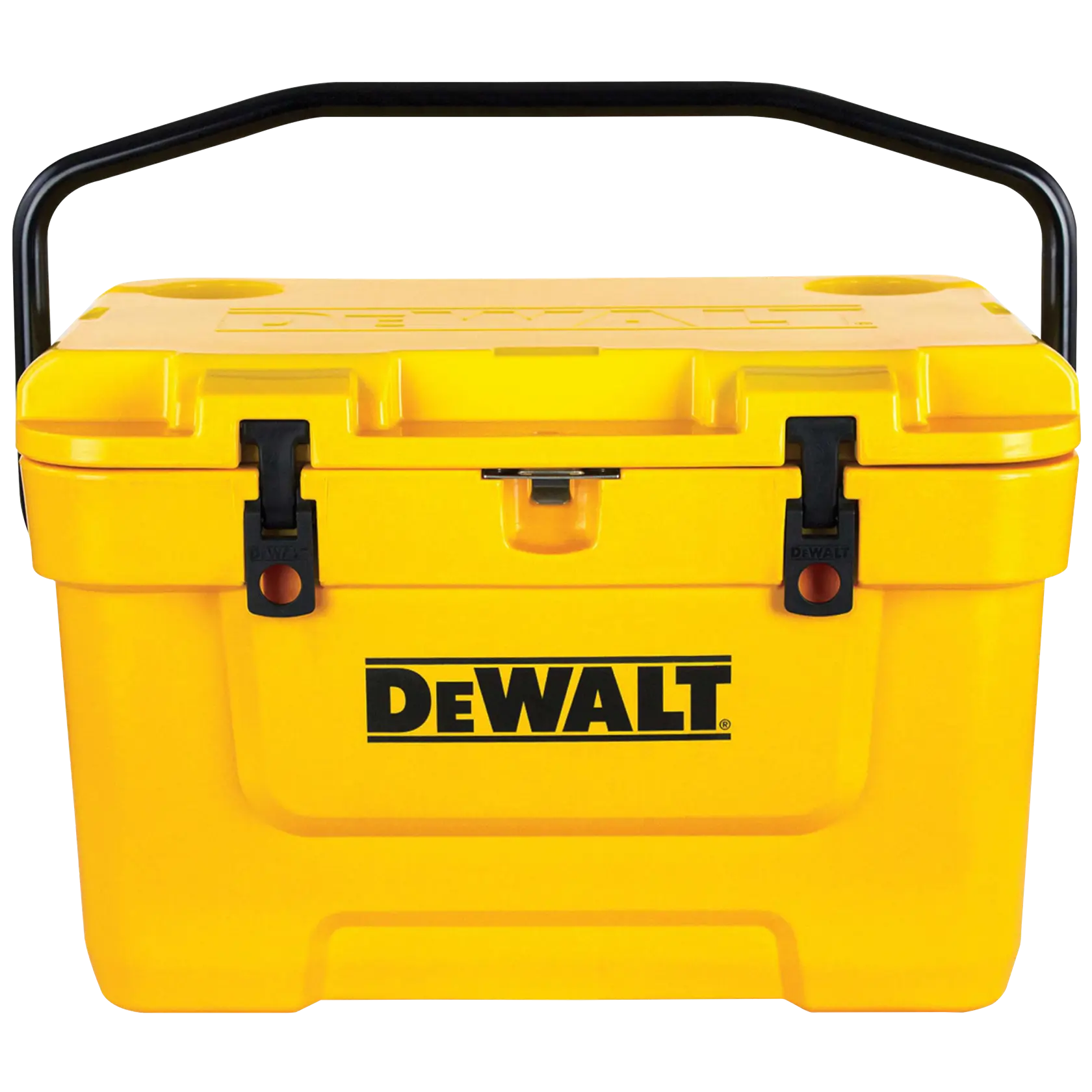 A yellow DEWALT portable cooler box with a black carrying handle, front latches, and the DEWALT logo on the front.