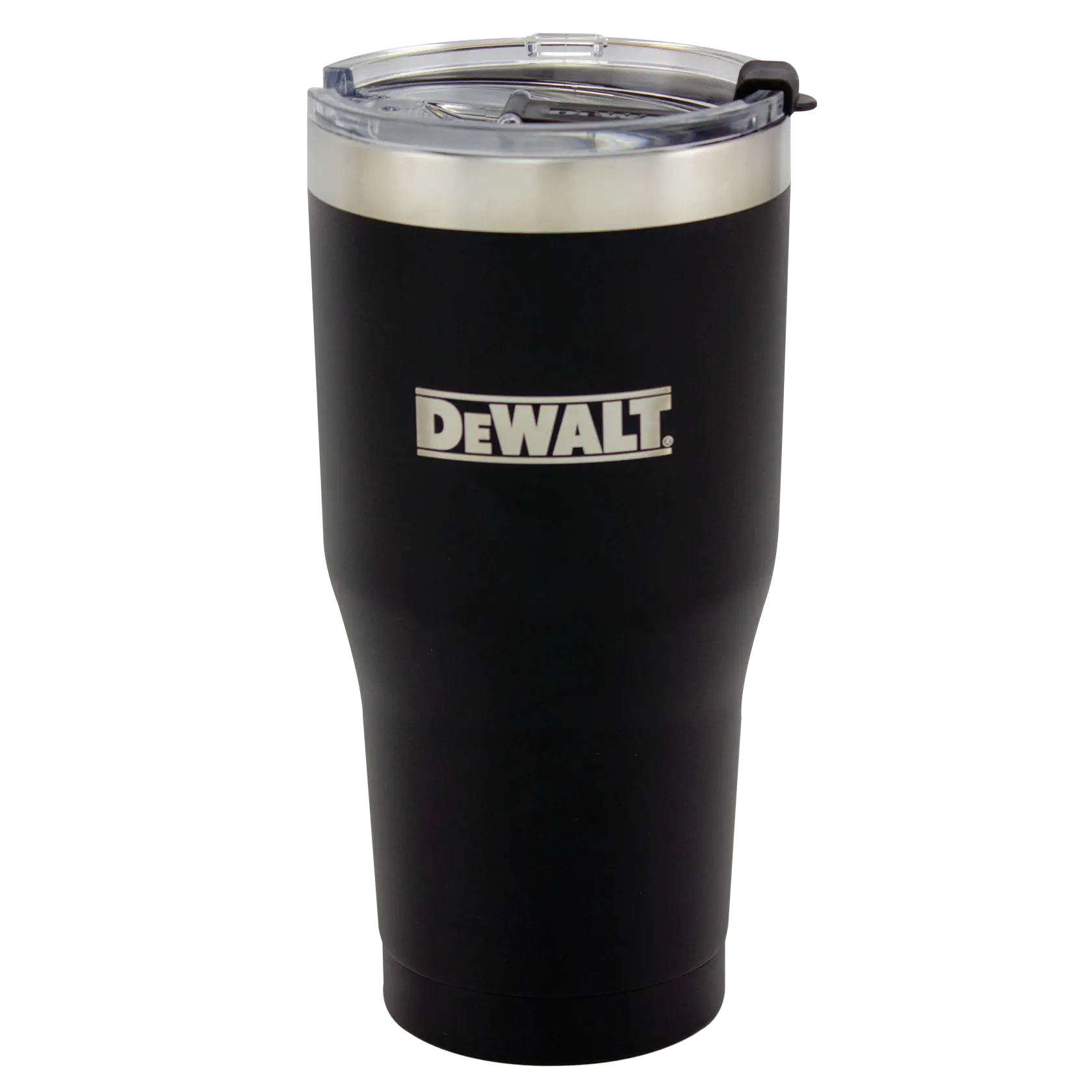 A black DEWALT insulated tumbler with a clear lid, featuring the DEWALT logo on the front.