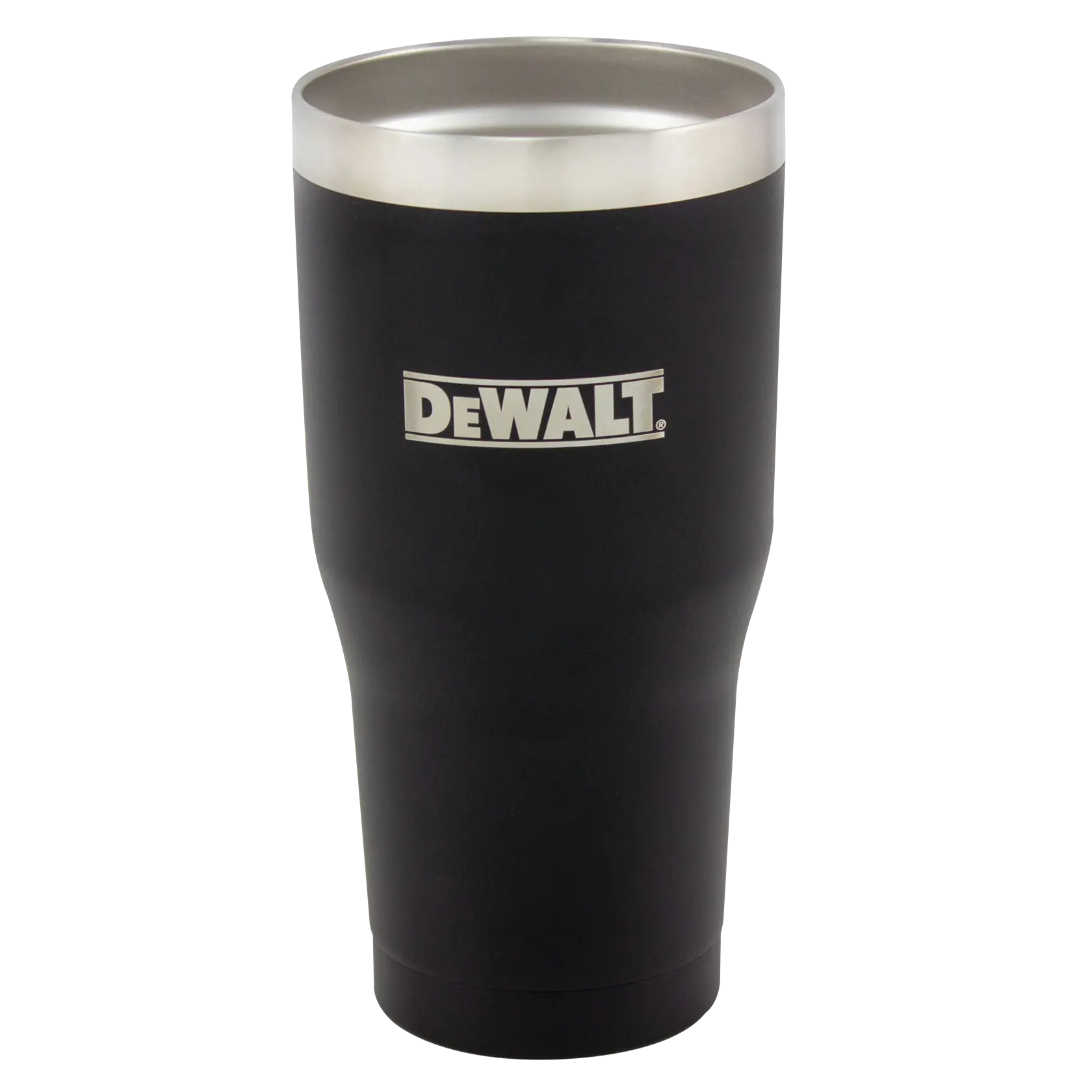 A black DEWALT stainless steel travel tumbler with a silver rim at the top.