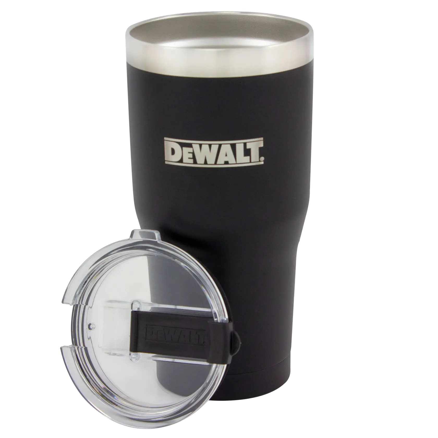 A black DEWALT insulated tumbler with a stainless steel rim, shown with a clear plastic lid featuring a DEWALT logo.