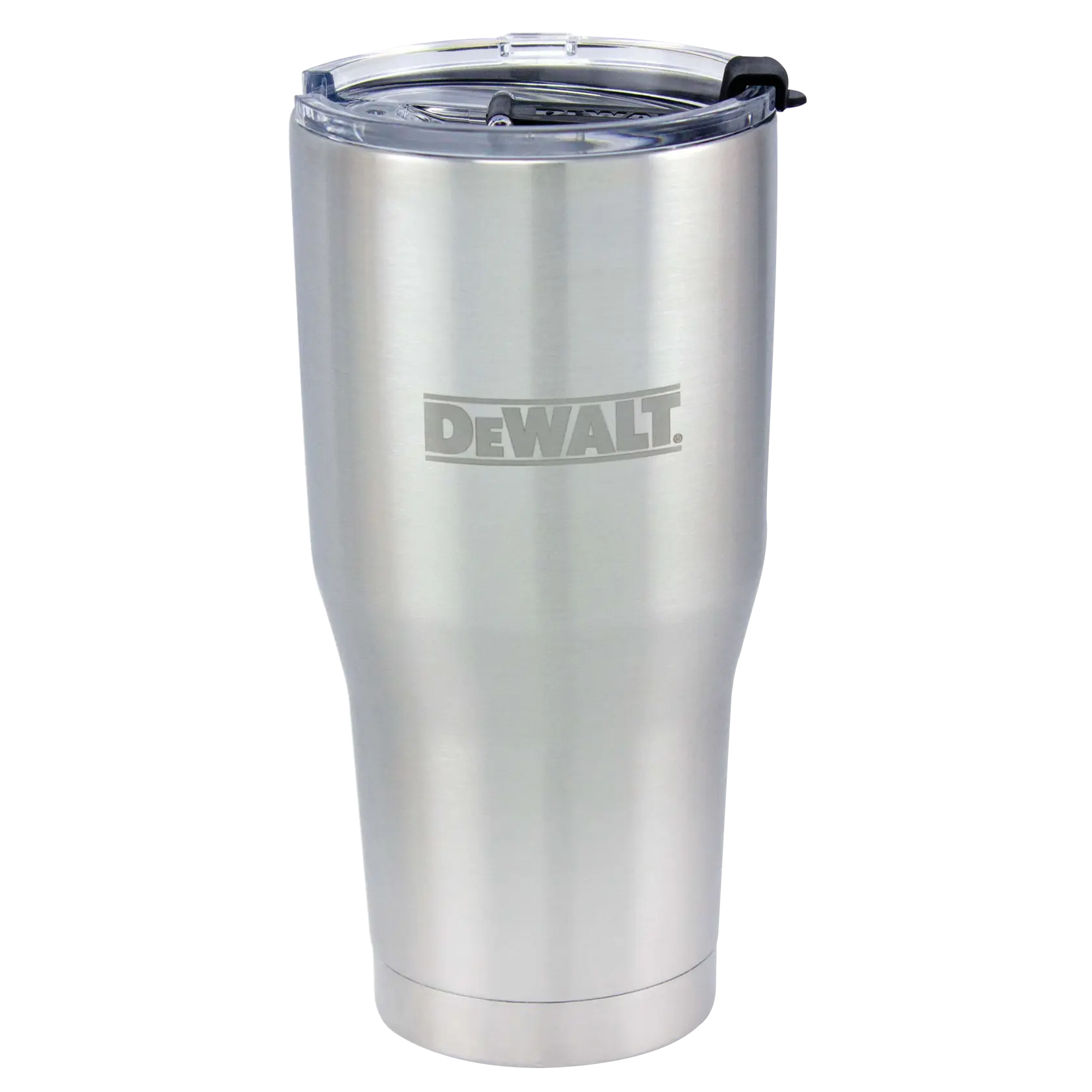 A stainless steel travel tumbler with a clear plastic lid, featuring the DEWALT logo on the front.
