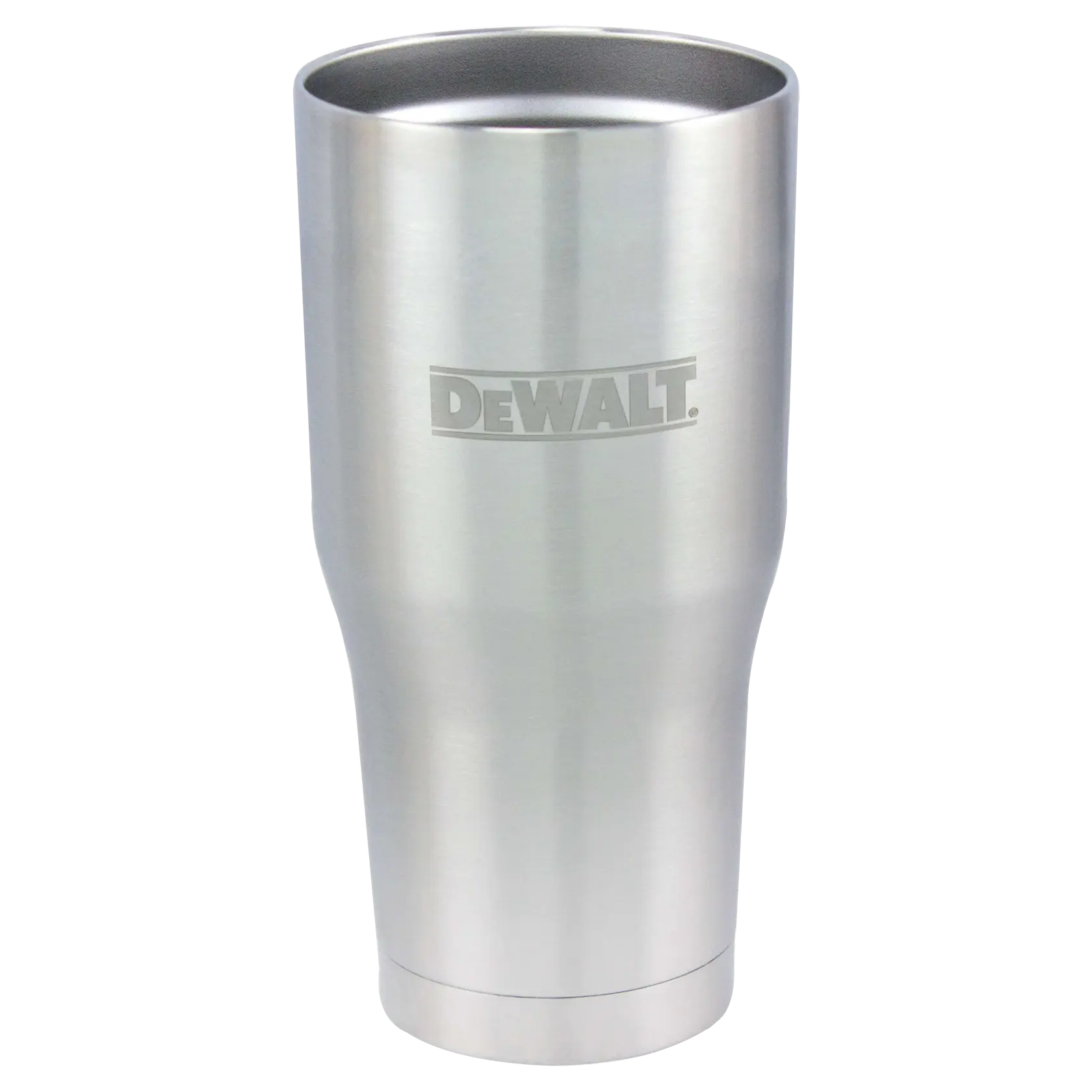 A stainless steel travel tumbler with the DEWALT logo engraved on the front. The tumbler features a brushed metal finish and has a slight curve in the middle for an easy grip.