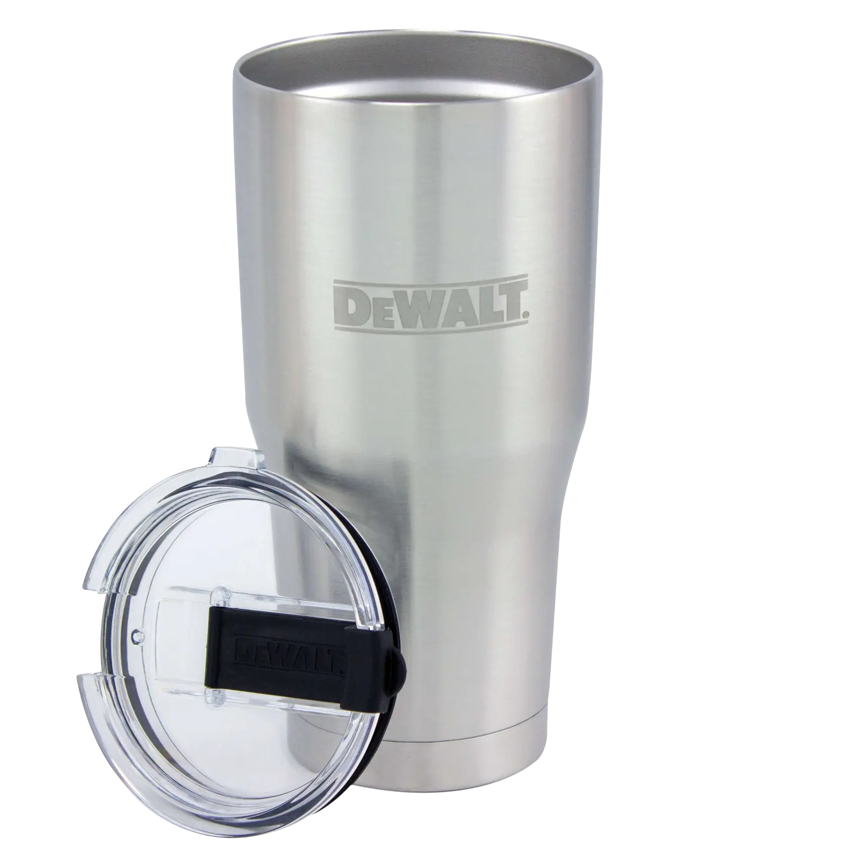 A stainless steel DEWALT travel tumbler with a clear plastic lid featuring a black sliding closure, shown with the lid placed in front of the tumbler.
