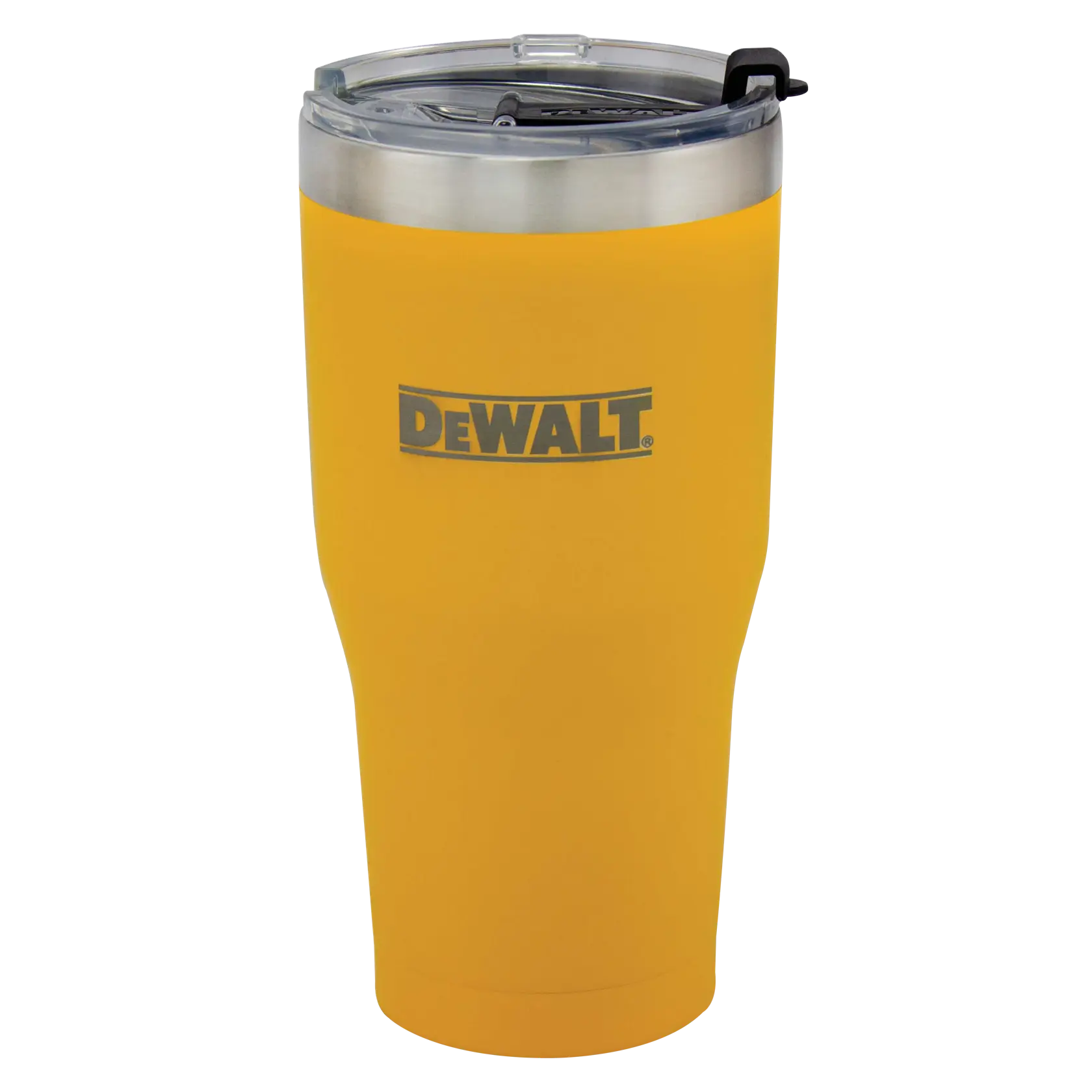 A yellow insulated travel tumbler with a clear lid and the DEWALT logo printed on the front.