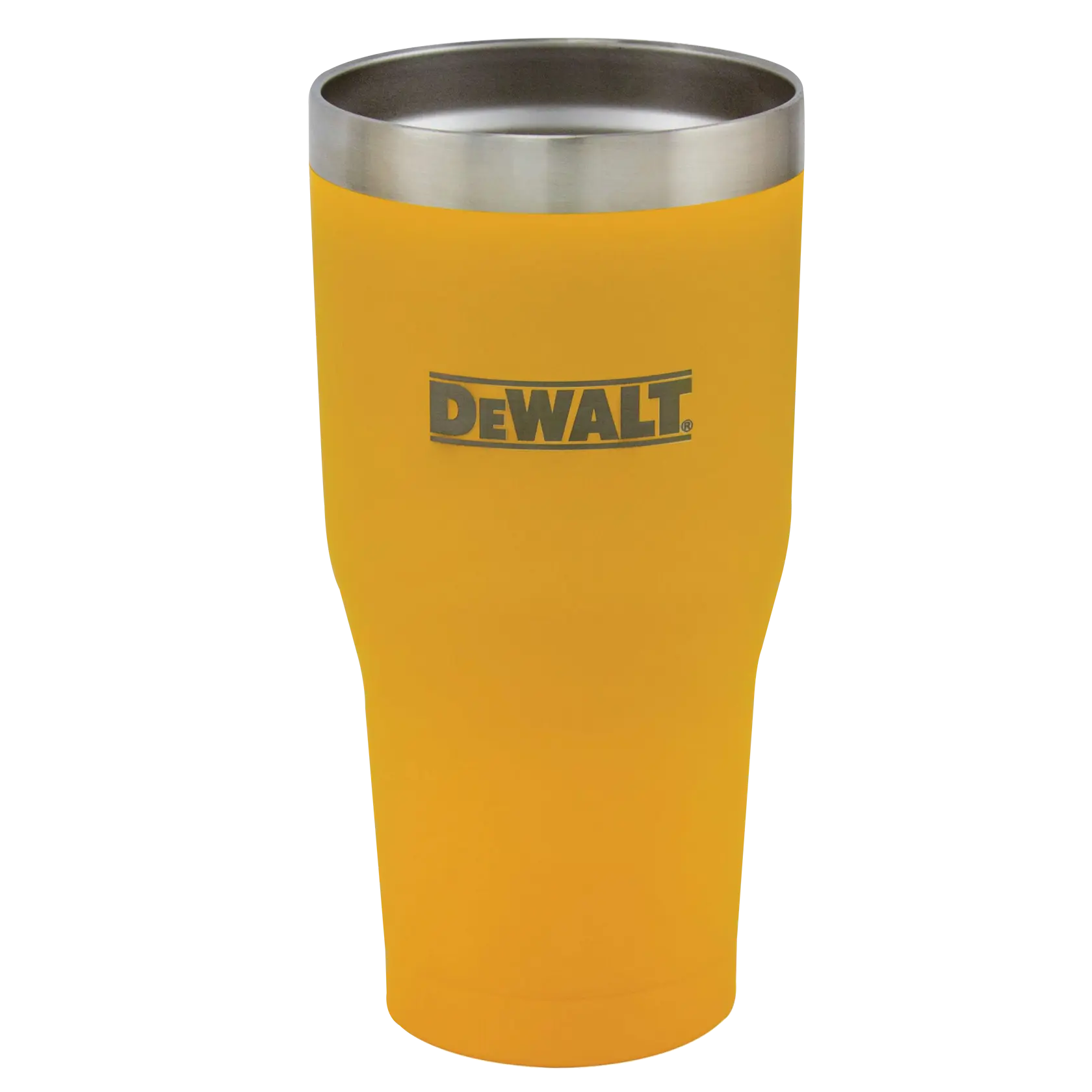 A yellow insulated stainless steel tumbler with a silver rim and the DEWALT logo printed on the front.