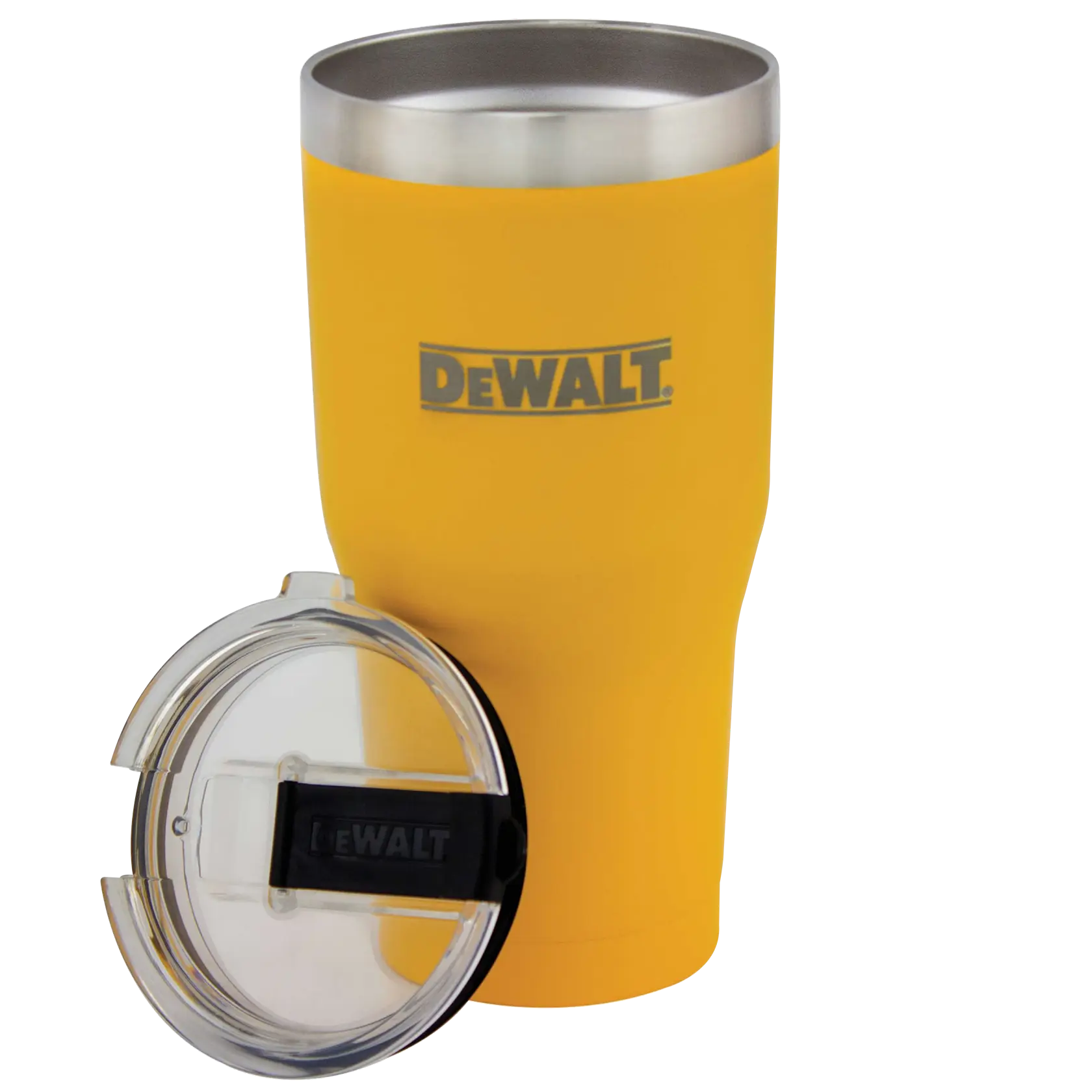 A yellow DEWALT insulated tumbler with a stainless steel rim, shown with its clear plastic lid placed beside it.