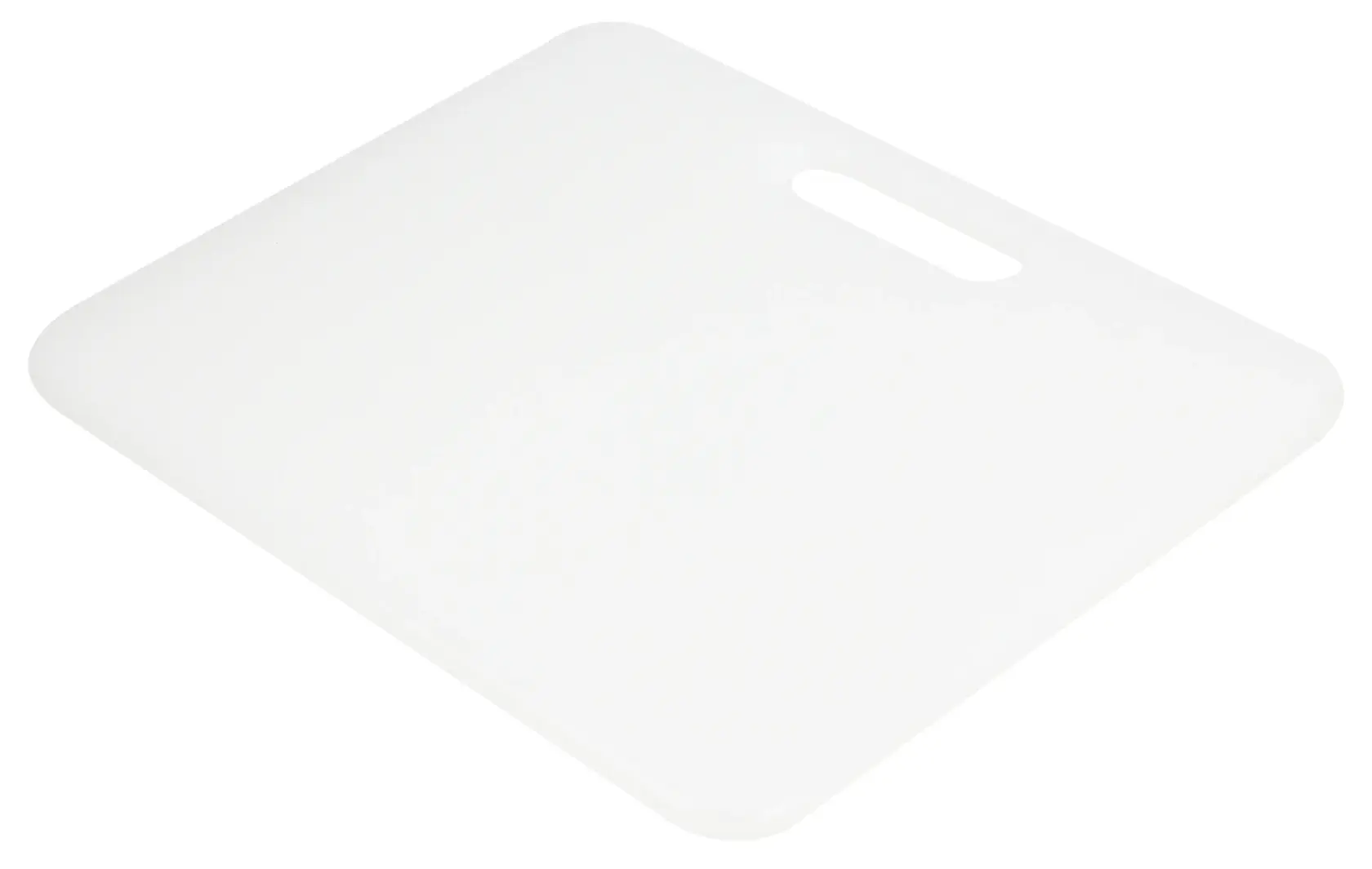 A white rectangular plastic cutting board with rounded corners and a handle slot.