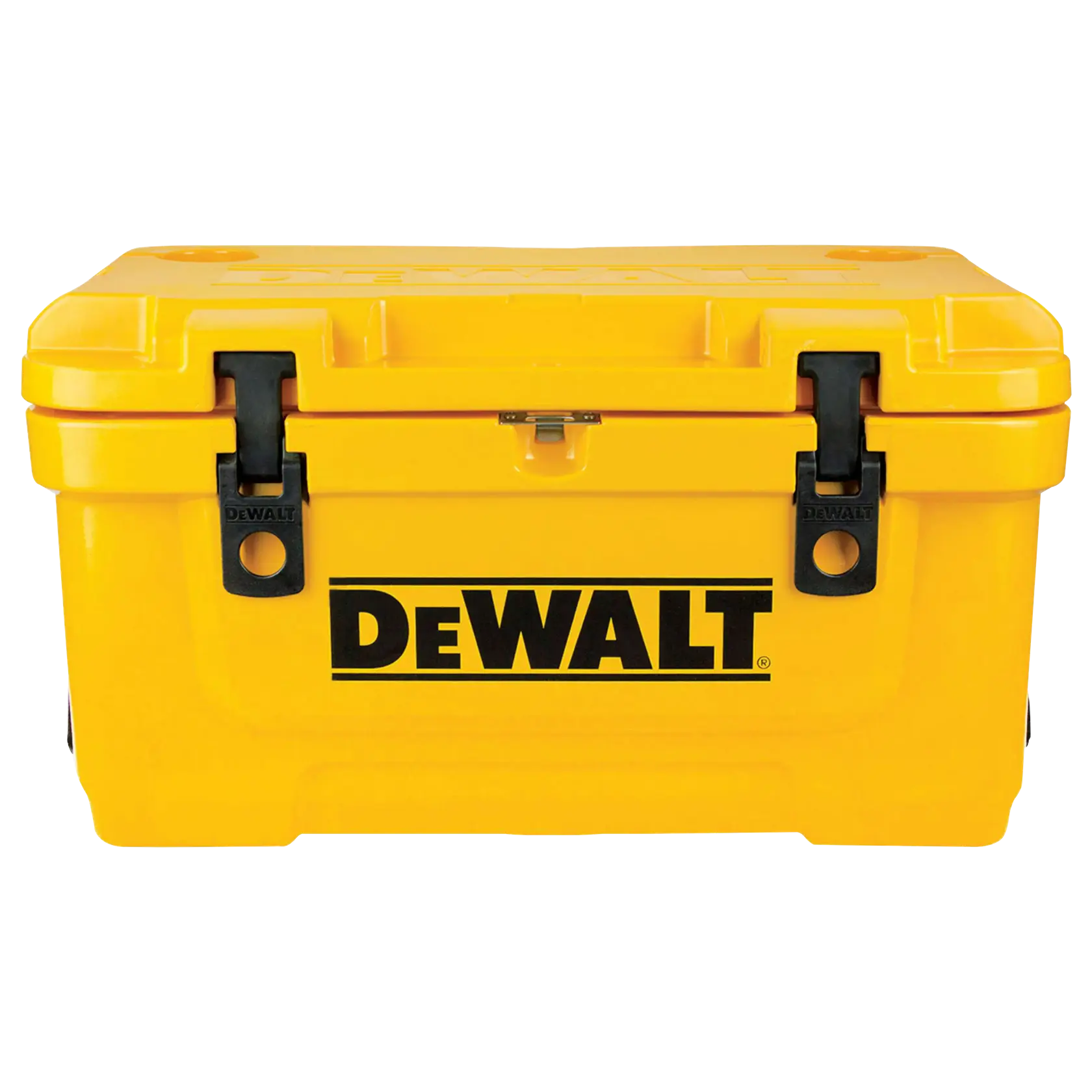 A yellow DEWALT storage box with black latches and the DEWALT logo prominently displayed on the front.