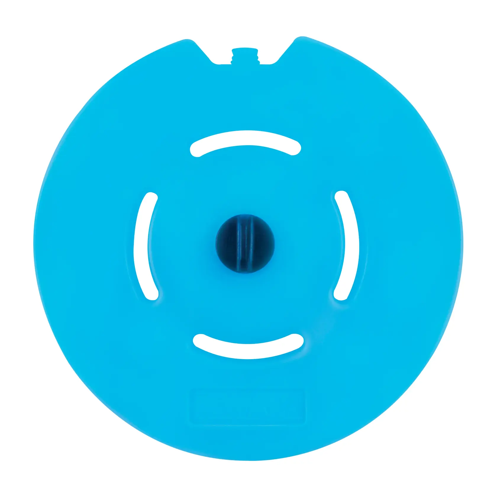 A blue circular plastic photographic accessory with three curved slots and a central black knob, displayed against a white background.