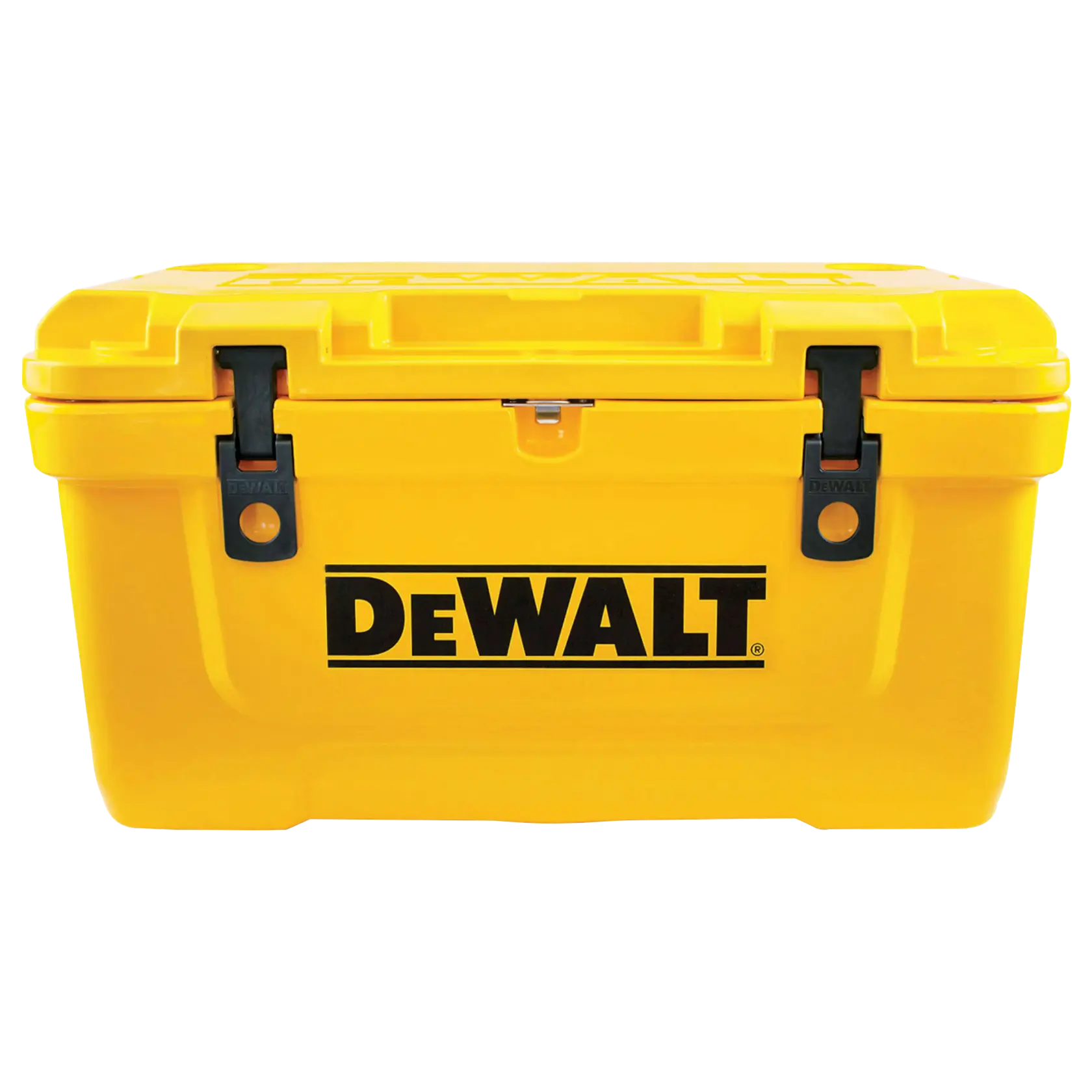 A yellow DEWALT branded storage box with two black latches on the front.