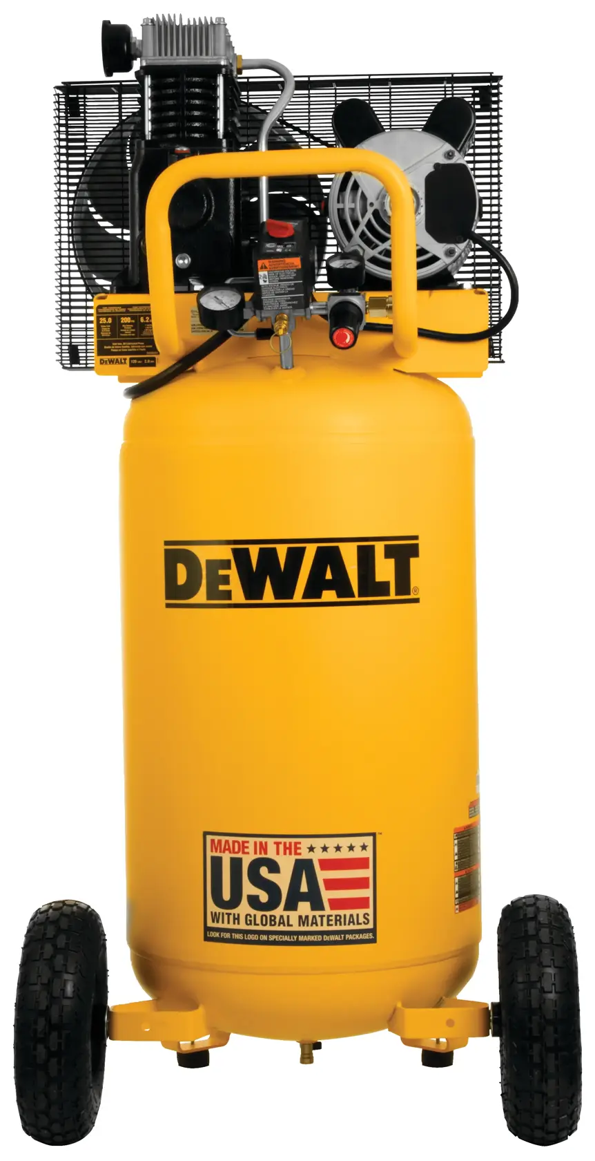 A DEWALT portable vertical air compressor with a yellow body, black wheels, and an industrial design. The compressor features a handle, control gauges, and a label stating 'Made in the USA with Global Materials' near the bottom of the tank.
