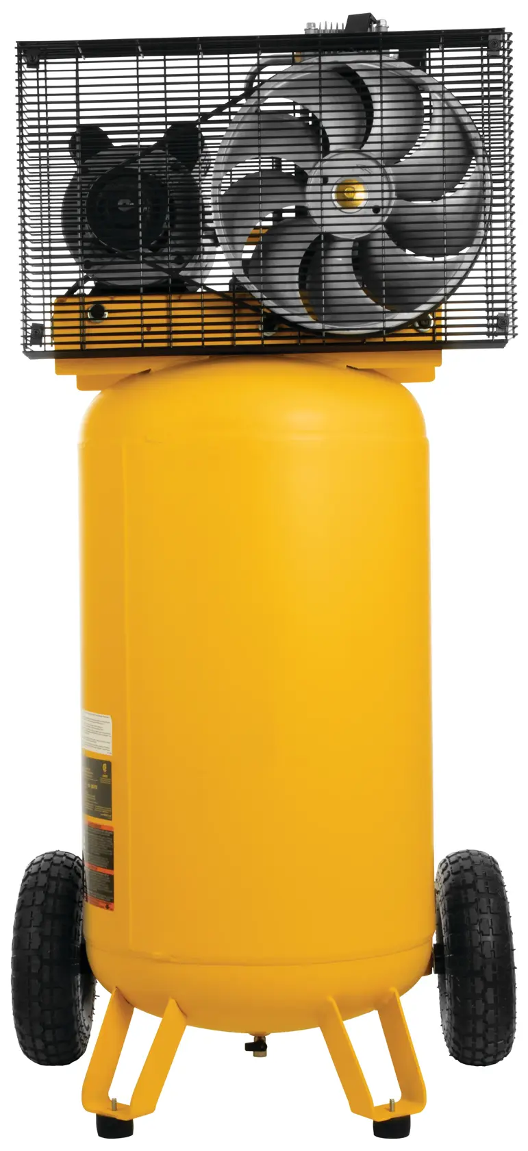 A vertical yellow DEWALT portable air compressor with large wheels and a metal safety cage around the motor and fan at the top.