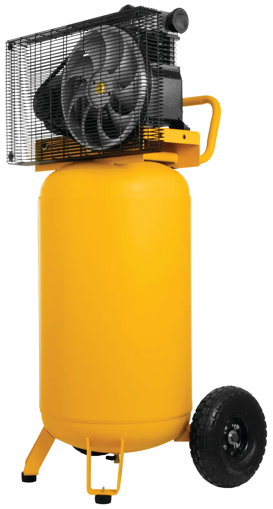 A yellow portable air compressor with a large cylindrical tank, two wheels, and a protective metal cage around the motor and fan.