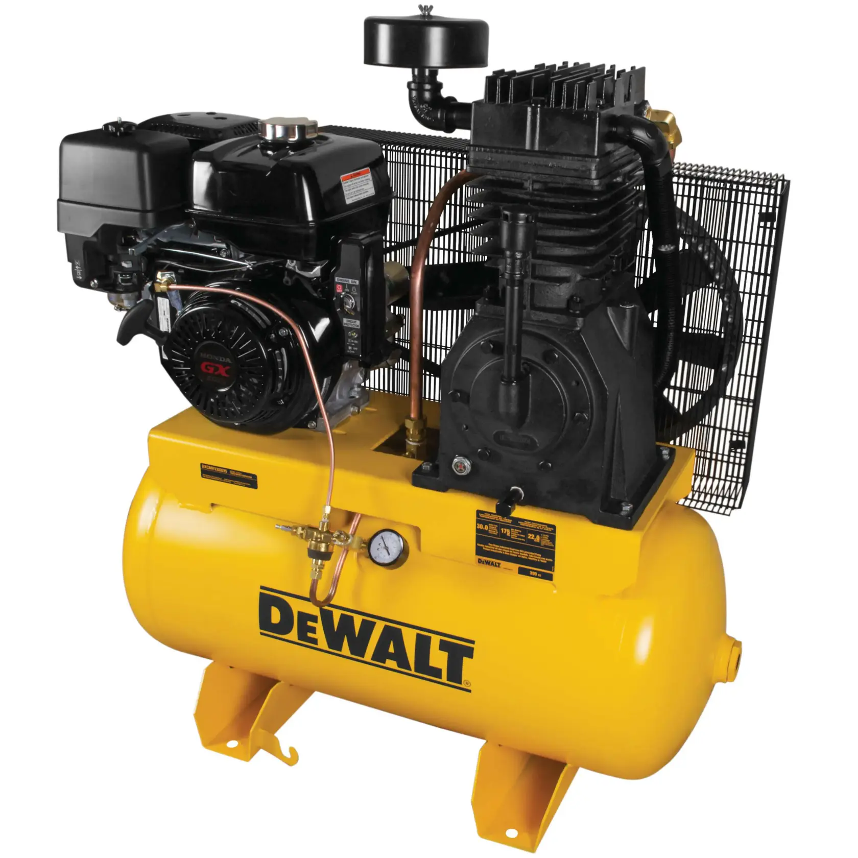 A DEWALT branded industrial air compressor with a yellow tank and black motor and compressor components.
