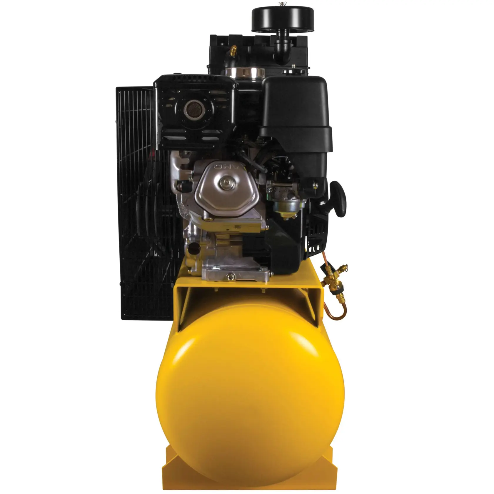 Front view of a DEWALT air compressor featuring a large yellow cylindrical tank at the base with a black engine and metal components mounted on top.