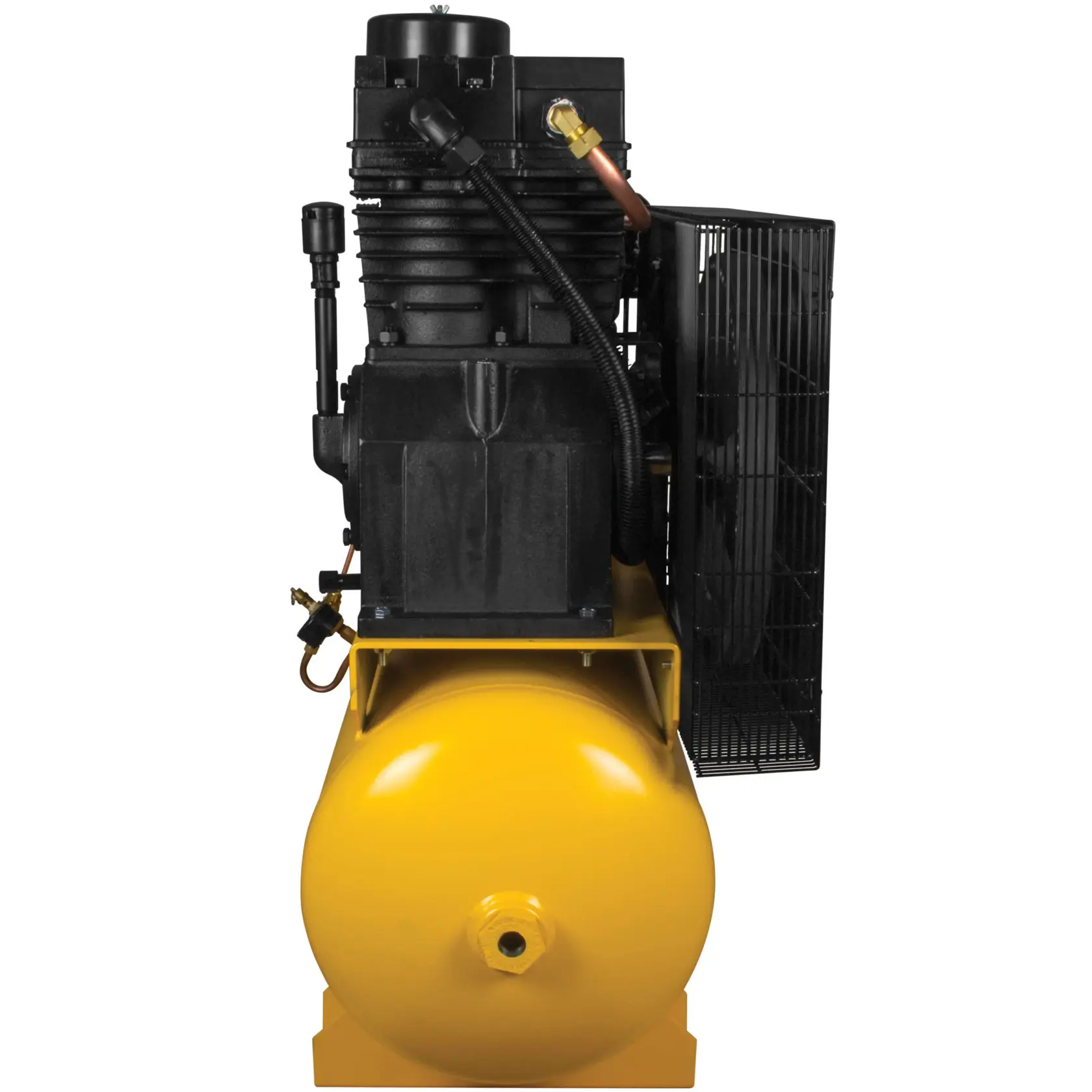 Front view of a DEWALT industrial air compressor, featuring a large yellow cylindrical tank with a black motor and pump assembly mounted on top.