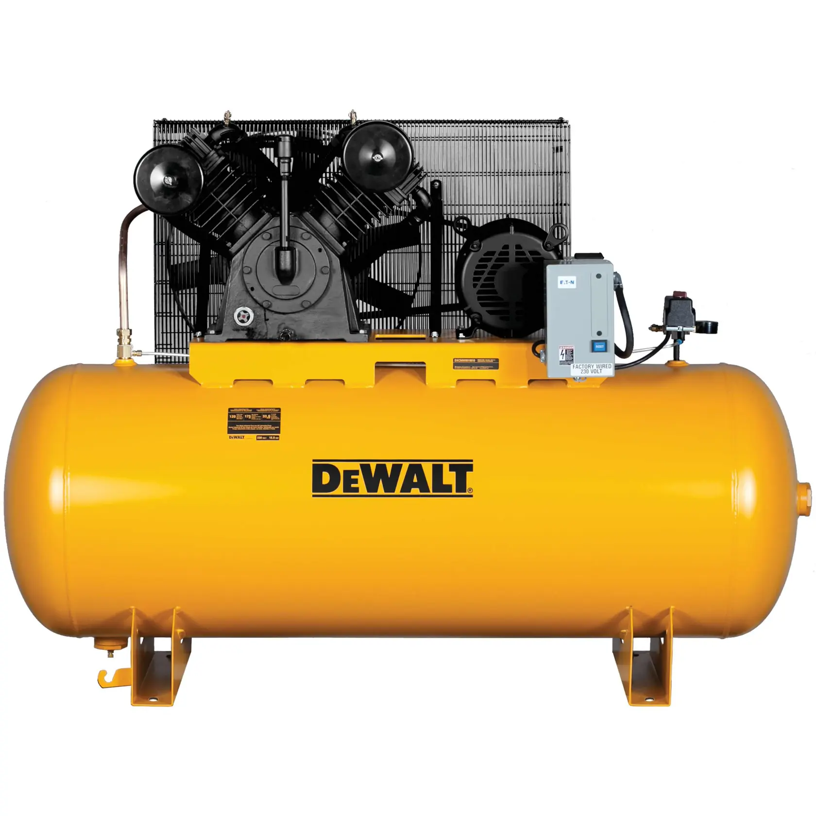 A large yellow DEWALT air compressor with a horizontal tank and dual black cylinder pump on top, seen from the front against a white background.