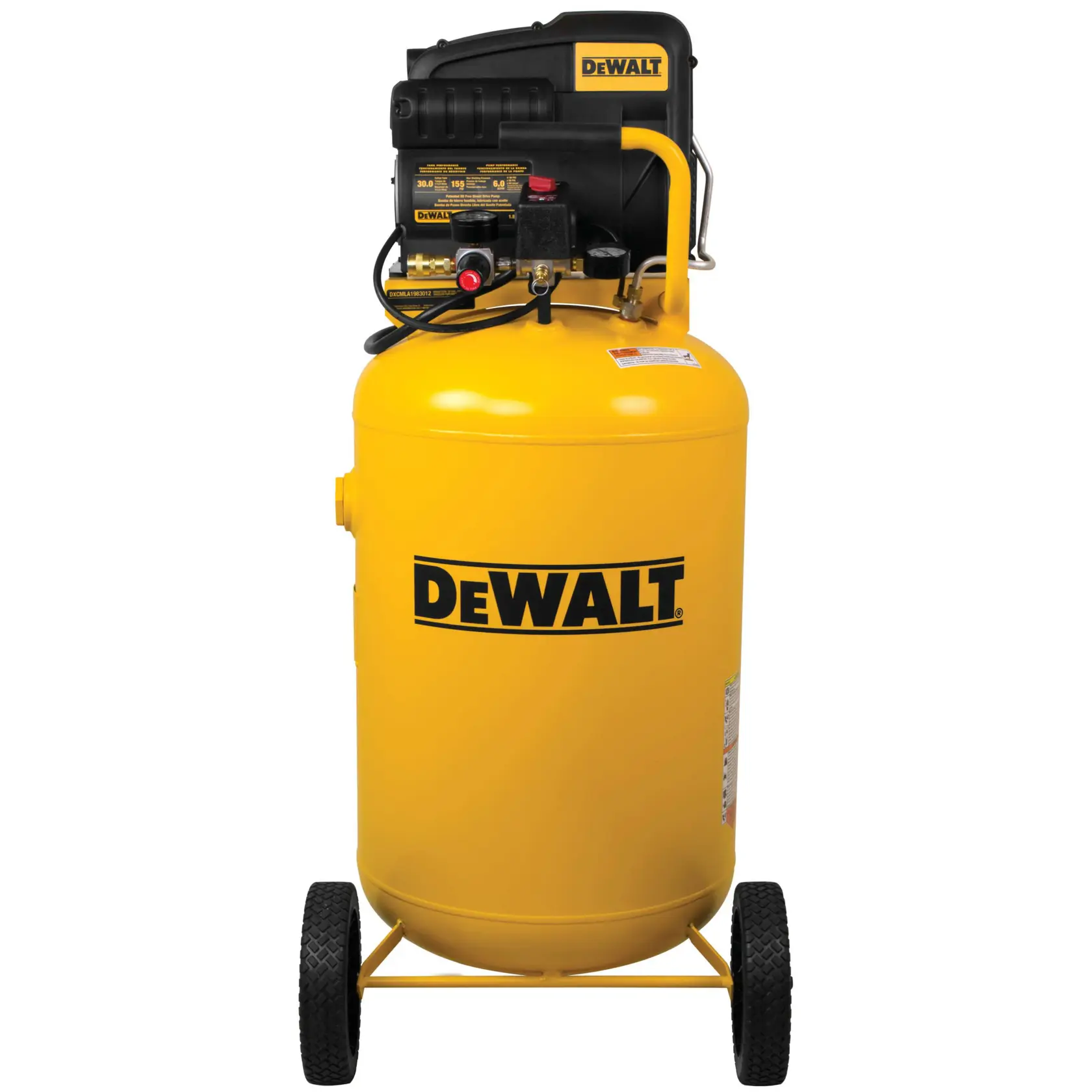 A vertical DEWALT air compressor with a yellow tank, black control panel, and two wheels for portability. The DEWALT logo is prominently displayed on the tank.