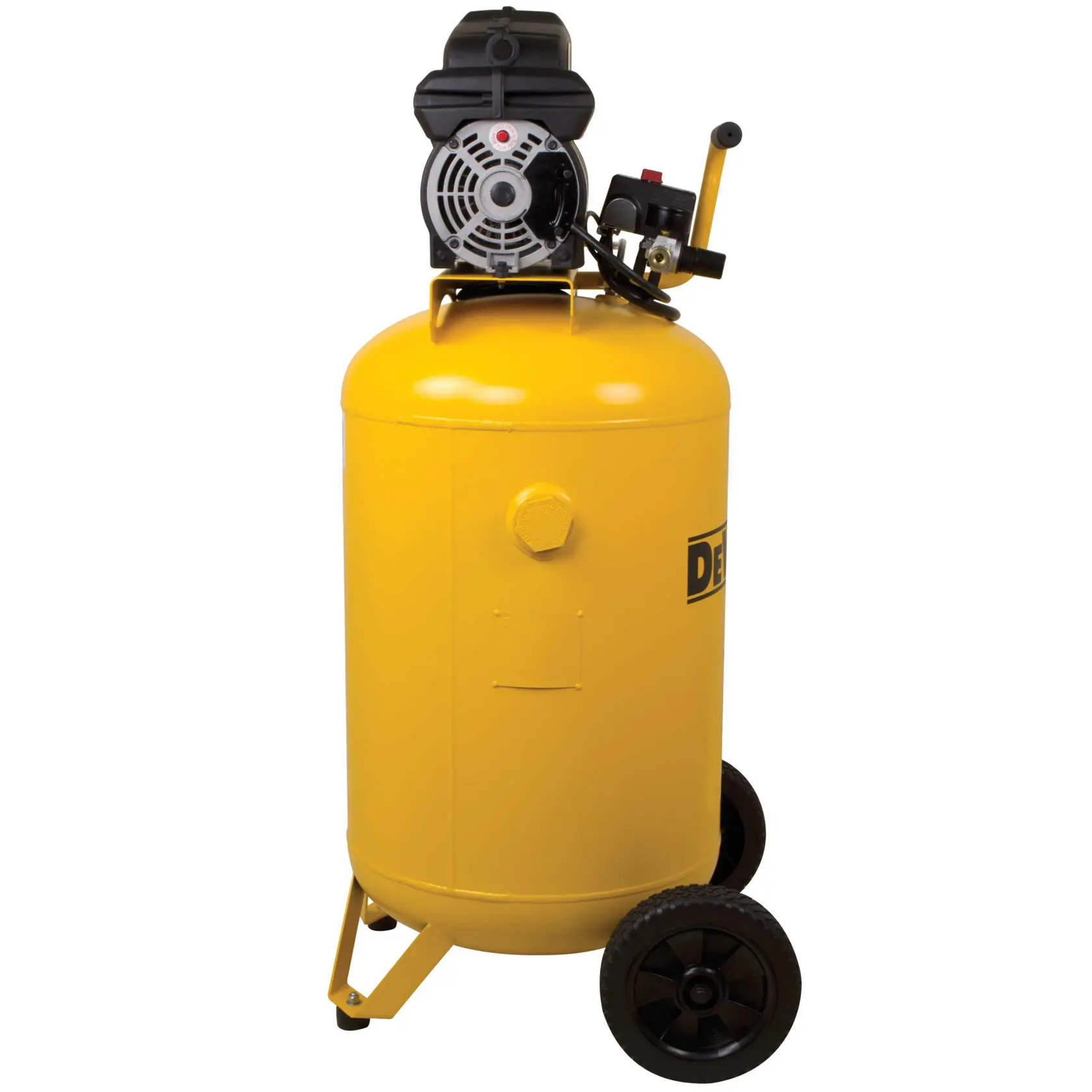 A yellow DEWALT portable air compressor with a vertical tank, wheels, and a handle for easy mobility. The motor and gauge assembly are mounted on top of the tank.