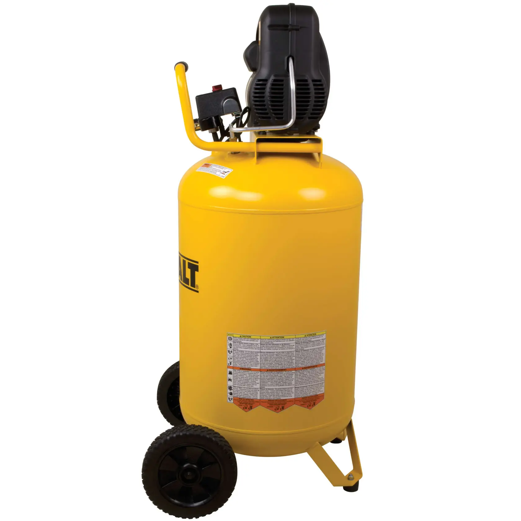 A vertical yellow DEWALT air compressor with a large cylindrical tank, two black wheels for portability, and a black motor on top.