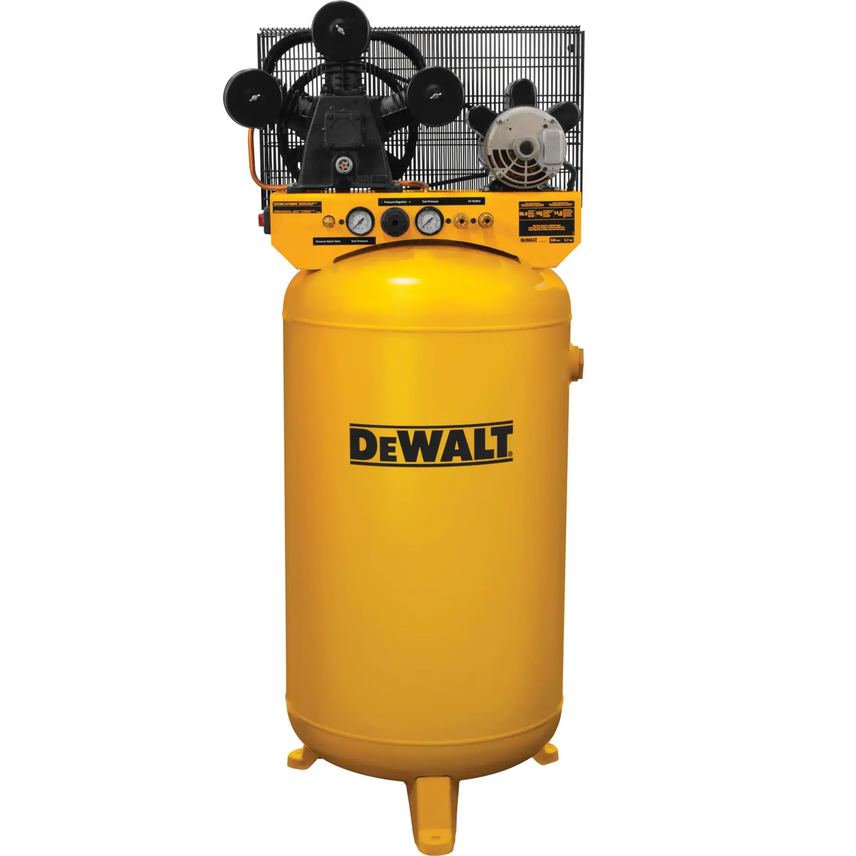 A large, upright yellow air compressor with visible gauges and controls at the top, featuring the DEWALT brand logo on the tank.