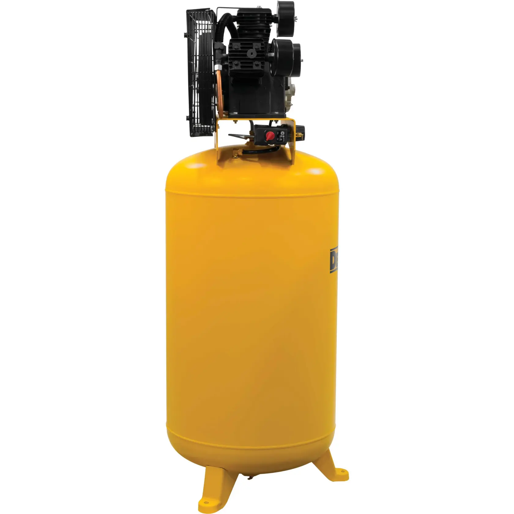 A large yellow vertical air compressor with a black motor on top, standing on three sturdy legs. The model is designed for heavy-duty industrial or workshop use.