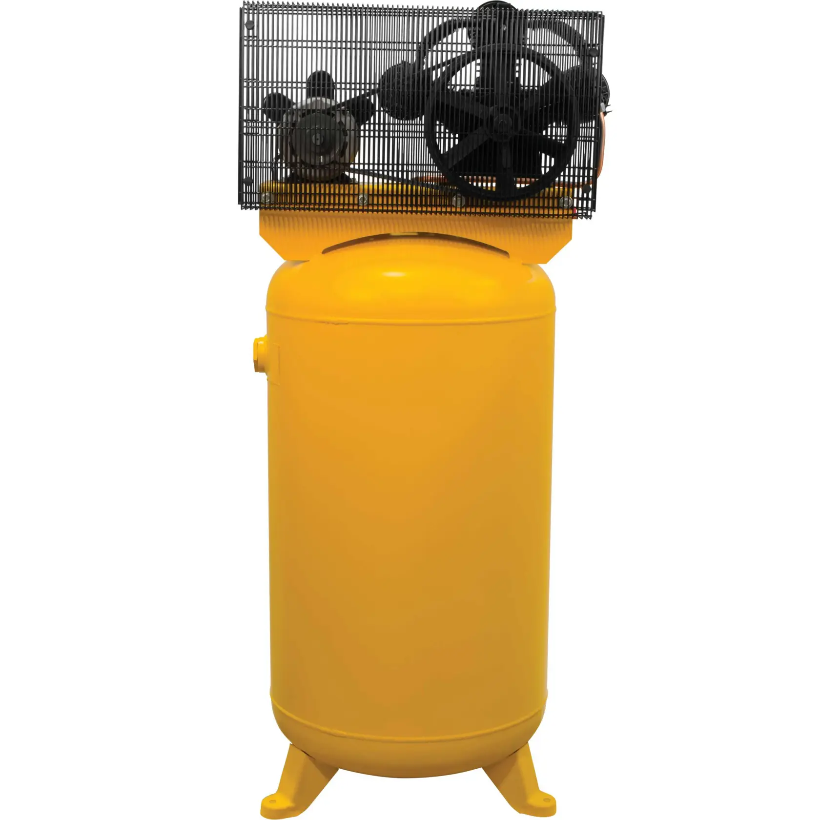 A large yellow vertical air compressor with a cylindrical tank and a black cage surrounding the motor and compressor components on top.