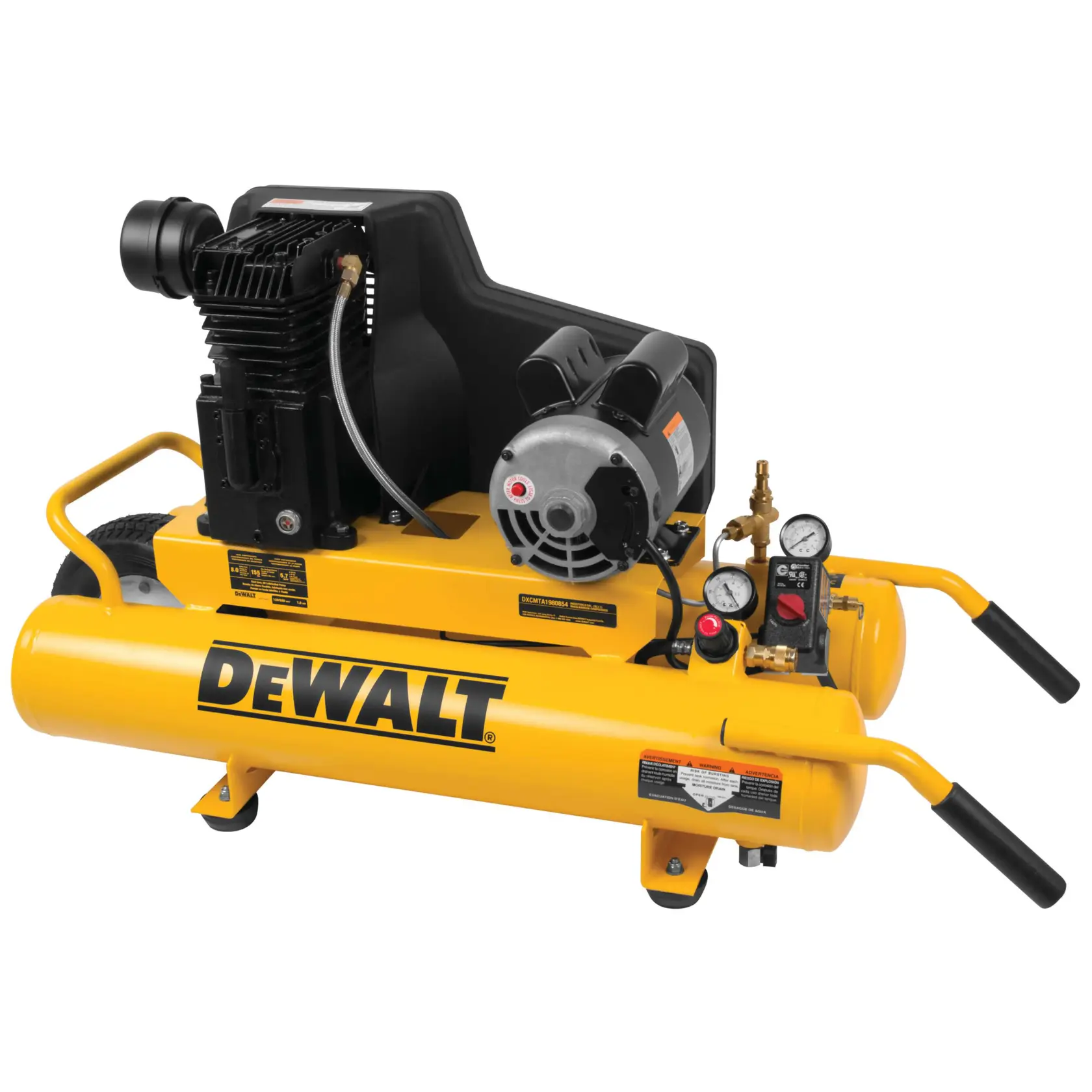 A yellow DEWALT portable air compressor with black handles, pressure gauges, and a motor. The brand name 'DEWALT' is prominently displayed on the side.