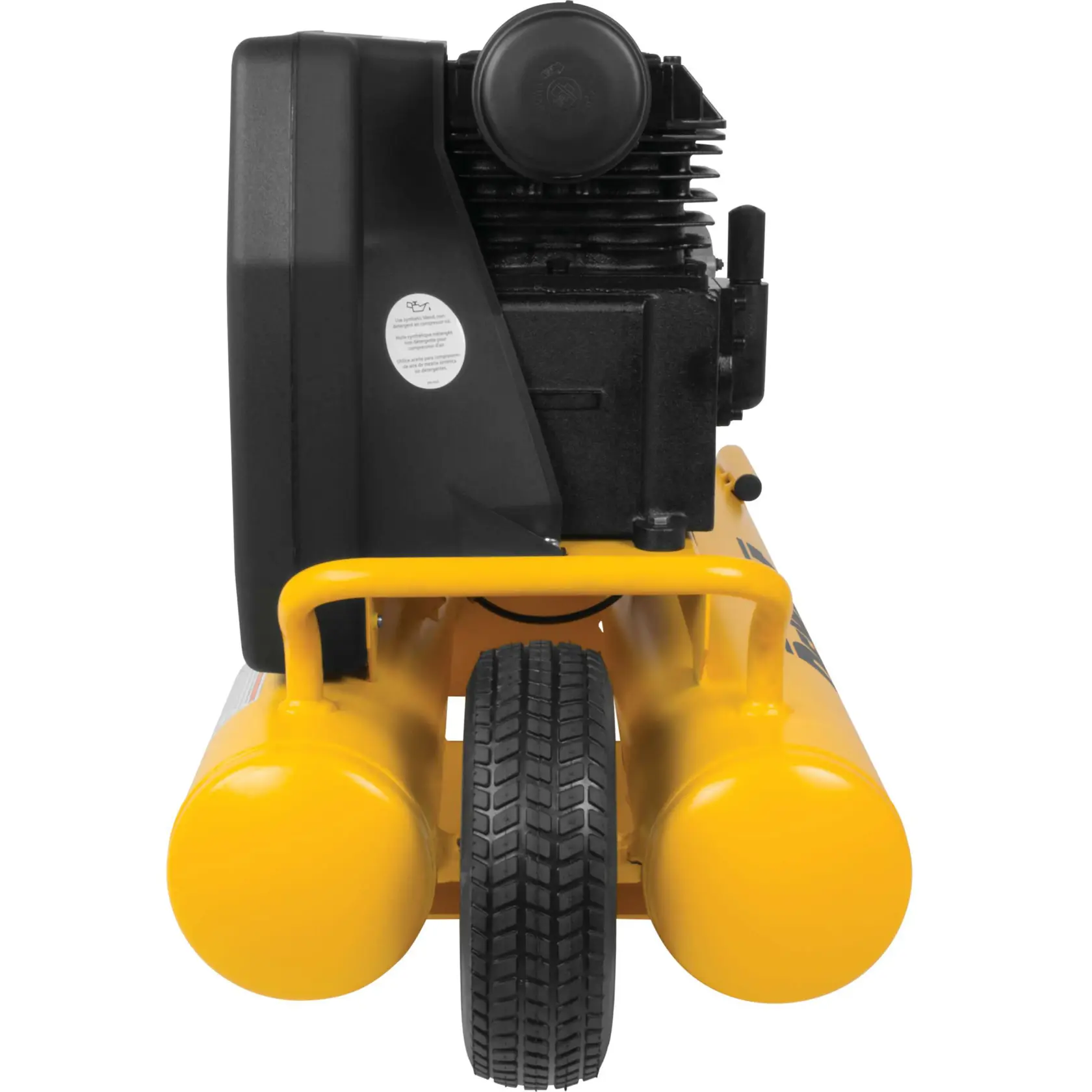 Front view of a DEWALT portable air compressor with yellow twin tanks and a black motor housing. The compressor has two large wheels for mobility.