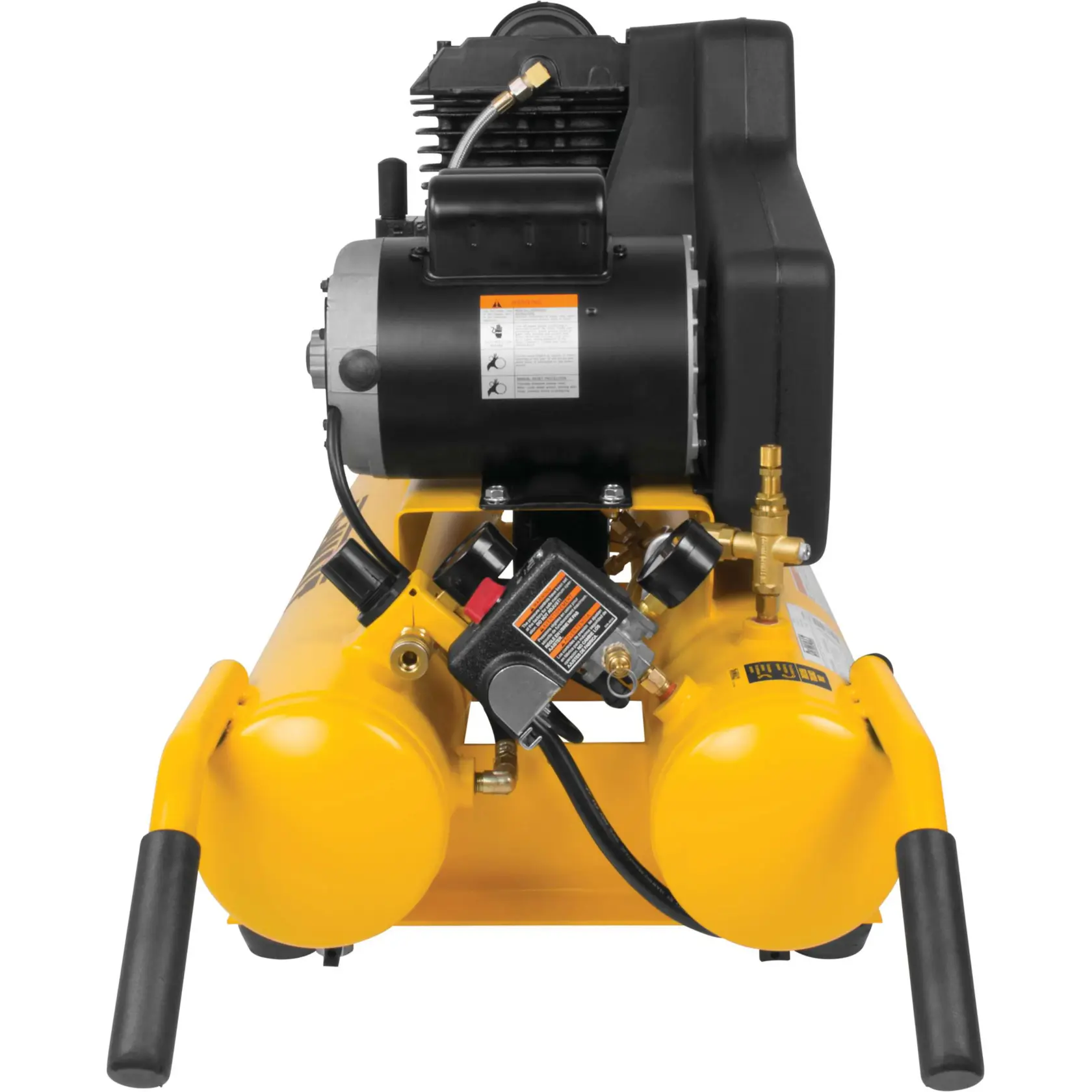 Front view of a DEWALT portable air compressor with twin yellow tanks, black motor housing, and visible pressure gauges and controls.