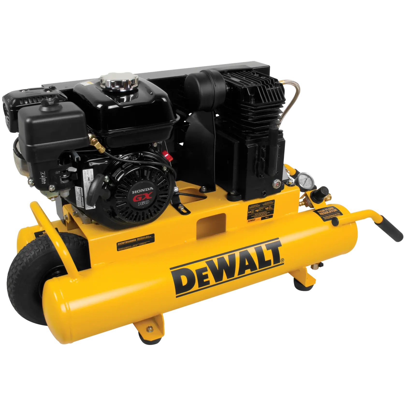 A yellow DEWALT portable air compressor with a black engine and attached wheels for mobility. The brand logo is prominently displayed on the tank.