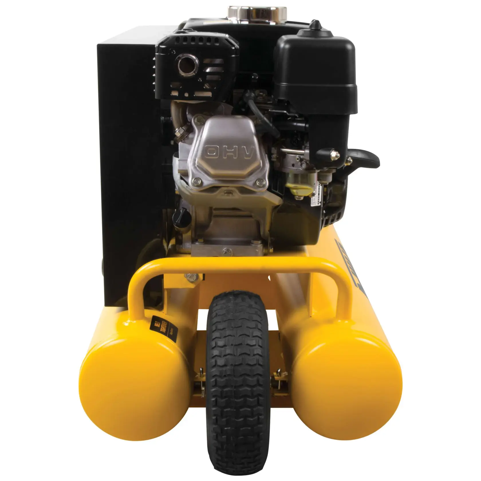 Front view of a DEWALT portable air compressor, showing the engine, handle, and wheel with two yellow air tanks.