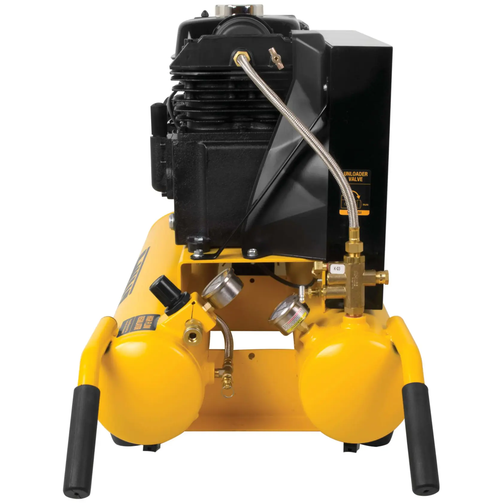 Front view of a DEWALT portable air compressor with yellow twin tanks, black motor and control panel, and two gauges. The compressor has sturdy handles and various brass fittings.