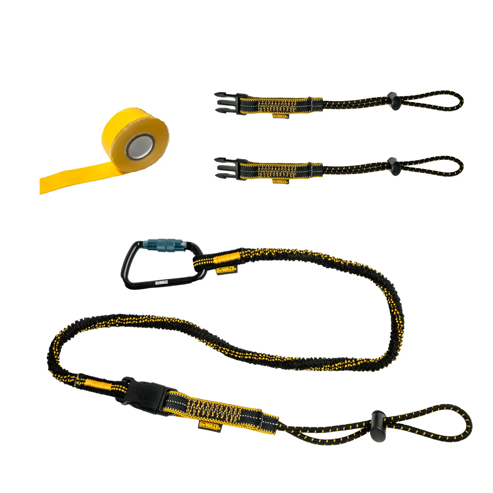 DEWALT photography tool tethering kit including a roll of yellow tape, two short black and yellow elastic tethers with loops and clips, and one long black and yellow elastic tether with a carabiner and adjustable loop.