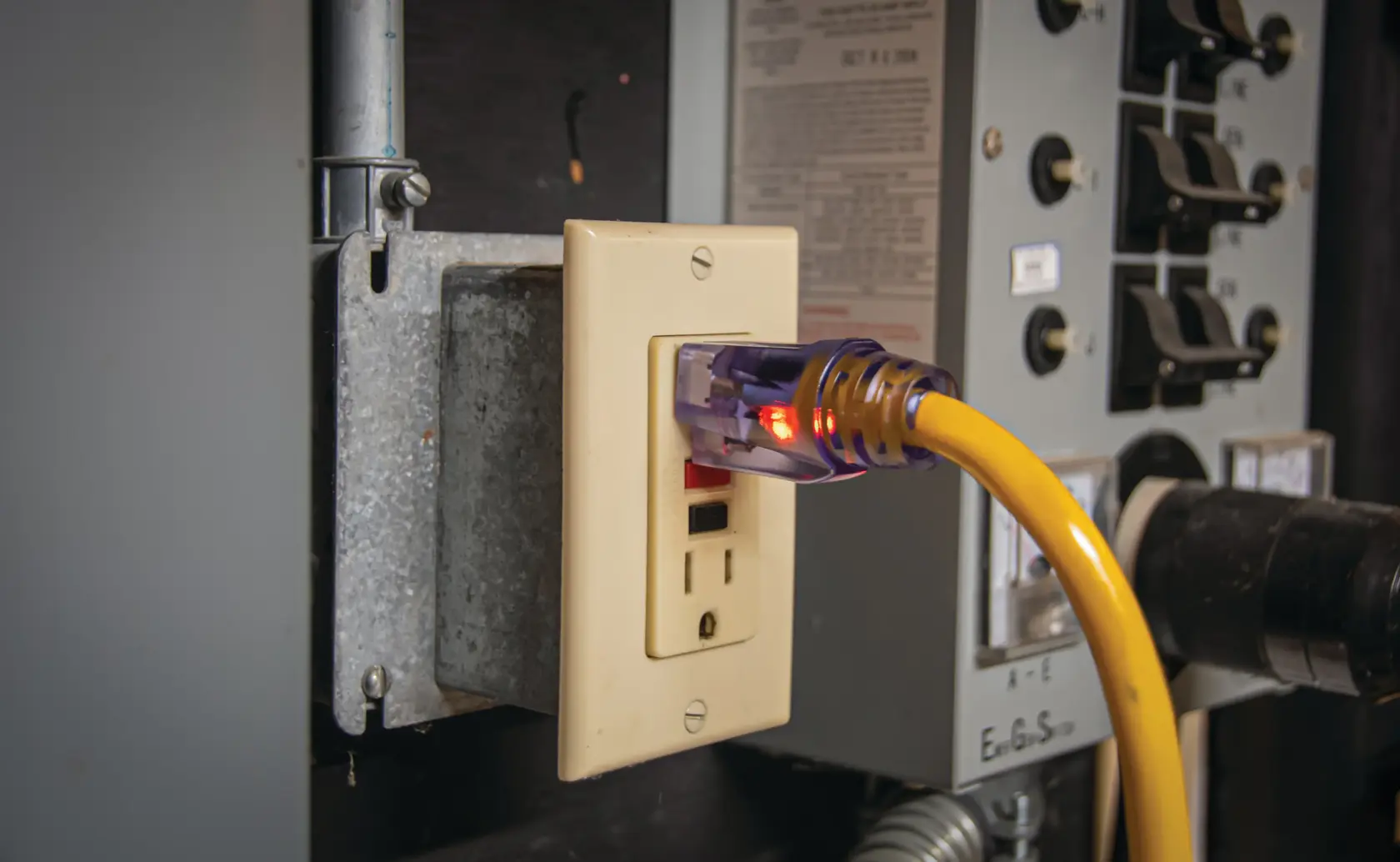 A close-up of a yellow extension cord plugged into a wall electrical outlet with a visible red light indicator. The outlet is mounted near an electrical panel.