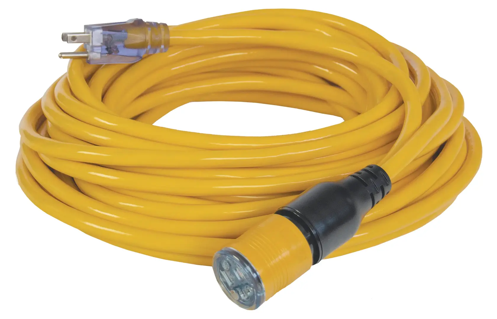 A coiled yellow extension cord with a three-prong plug and a black and yellow connector.