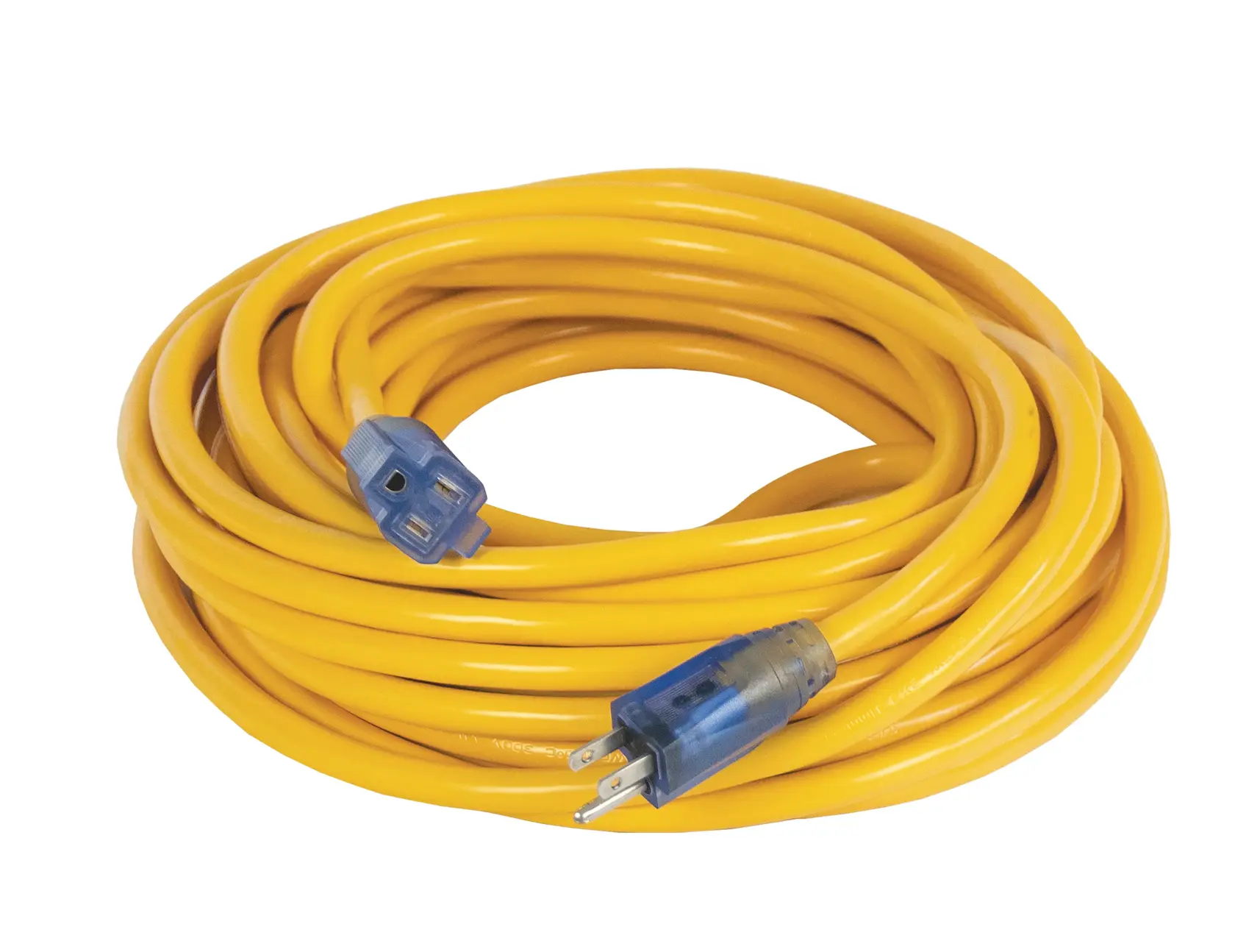 A coiled yellow extension cord with blue connectors at both ends.