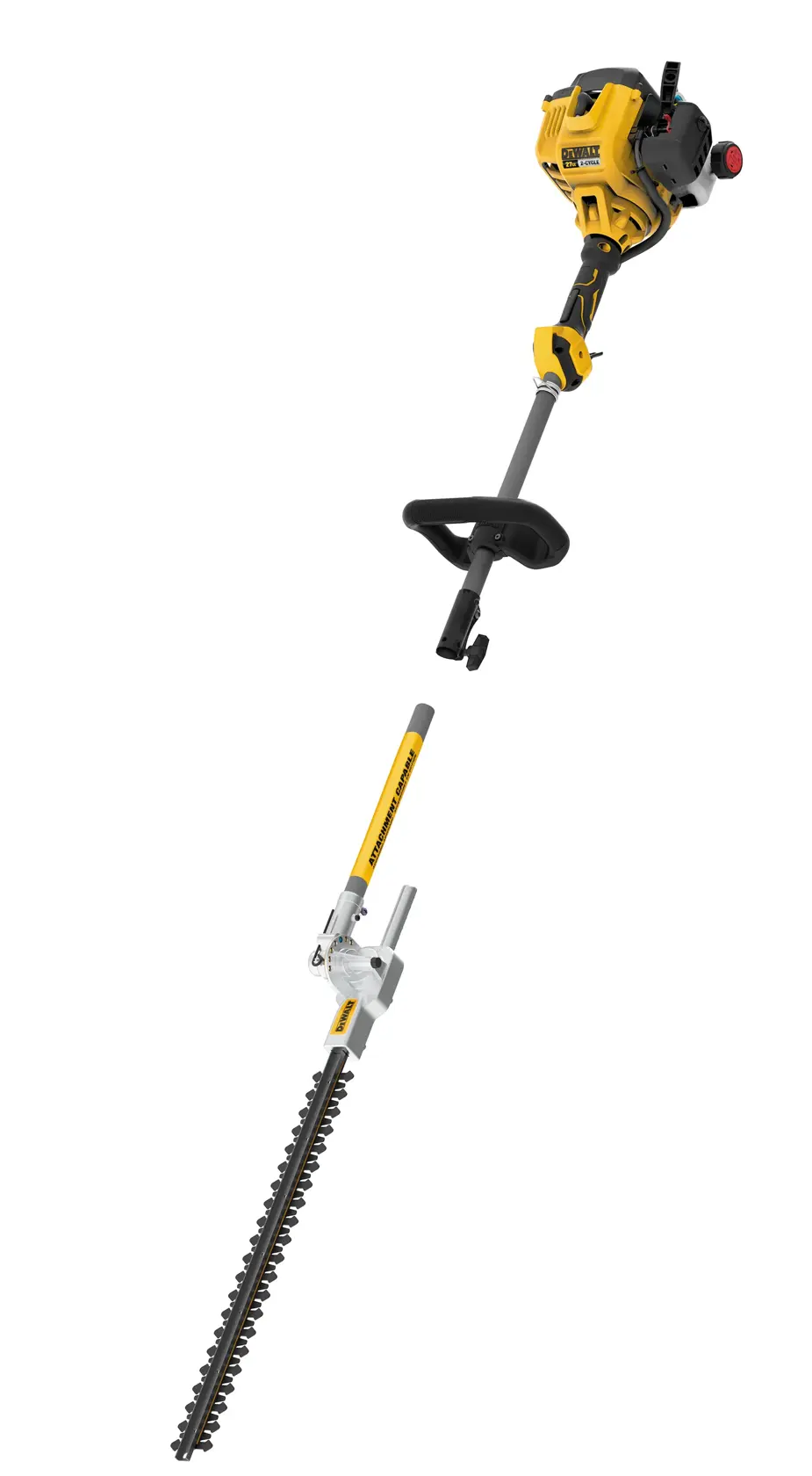 A yellow and black DEWALT gas-powered hedge trimmer with a long blade and ergonomic handle, shown against a white background.