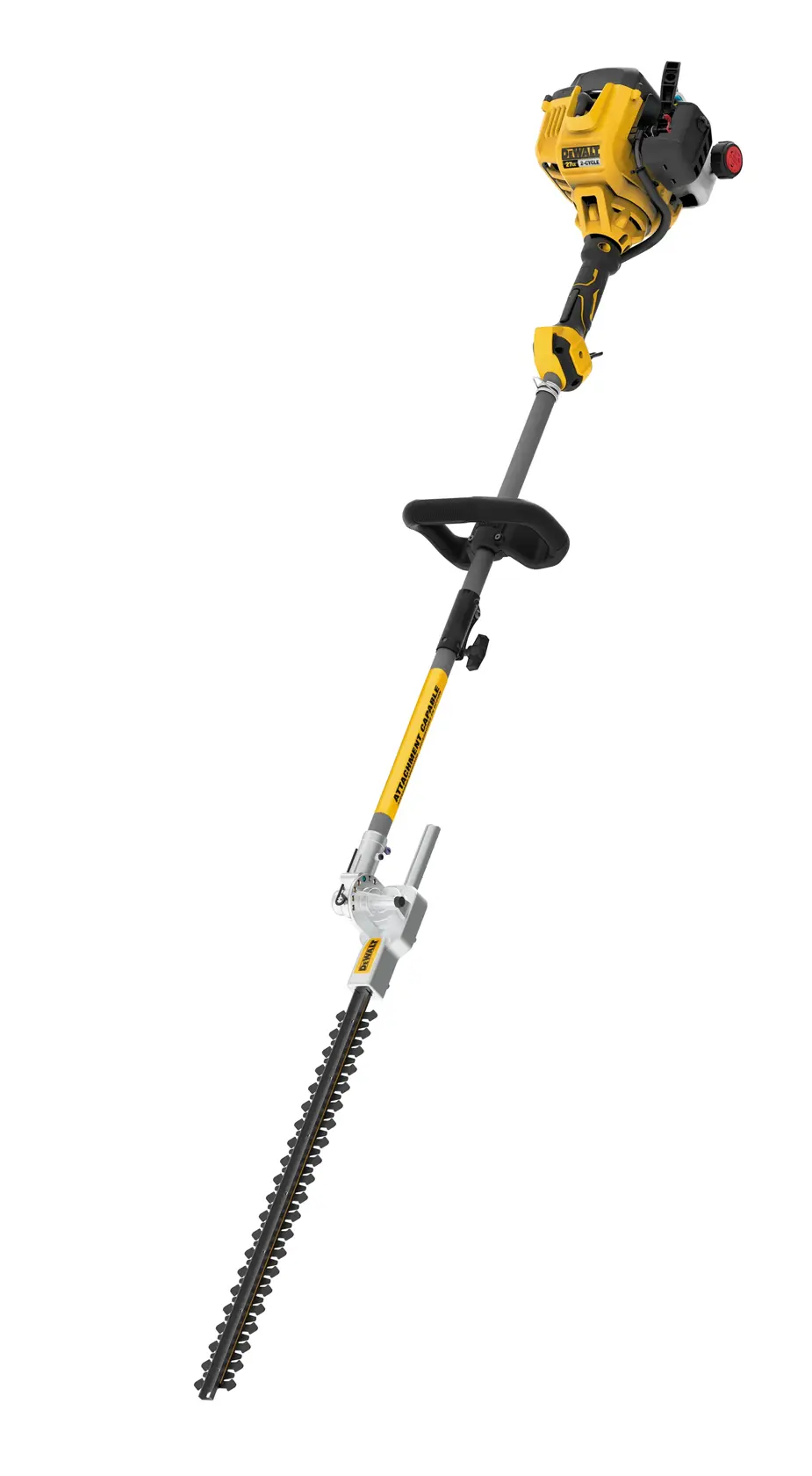 A DEWALT gas-powered hedge trimmer with an extended pole, black and yellow in color, featuring a dual-action blade and ergonomic handle.