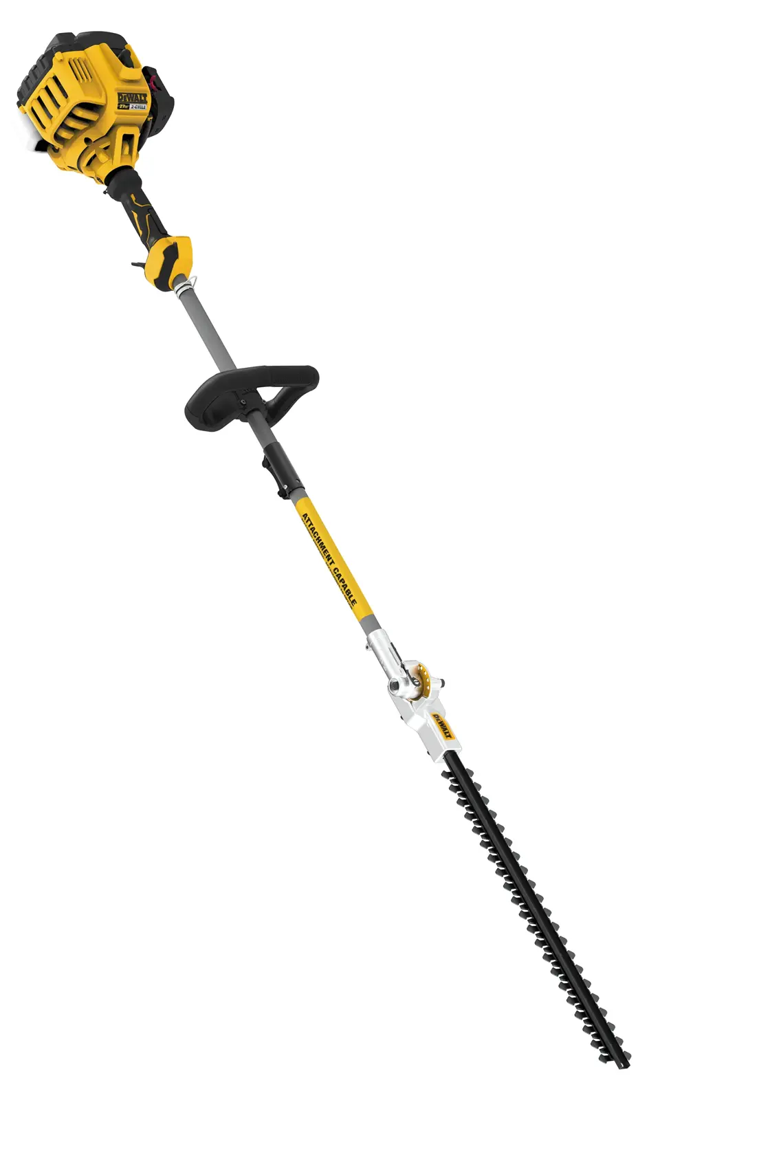 A DEWALT branded long-reach hedge trimmer with a yellow and black motor, an adjustable handle, and a long cutting blade designed for trimming hedges.