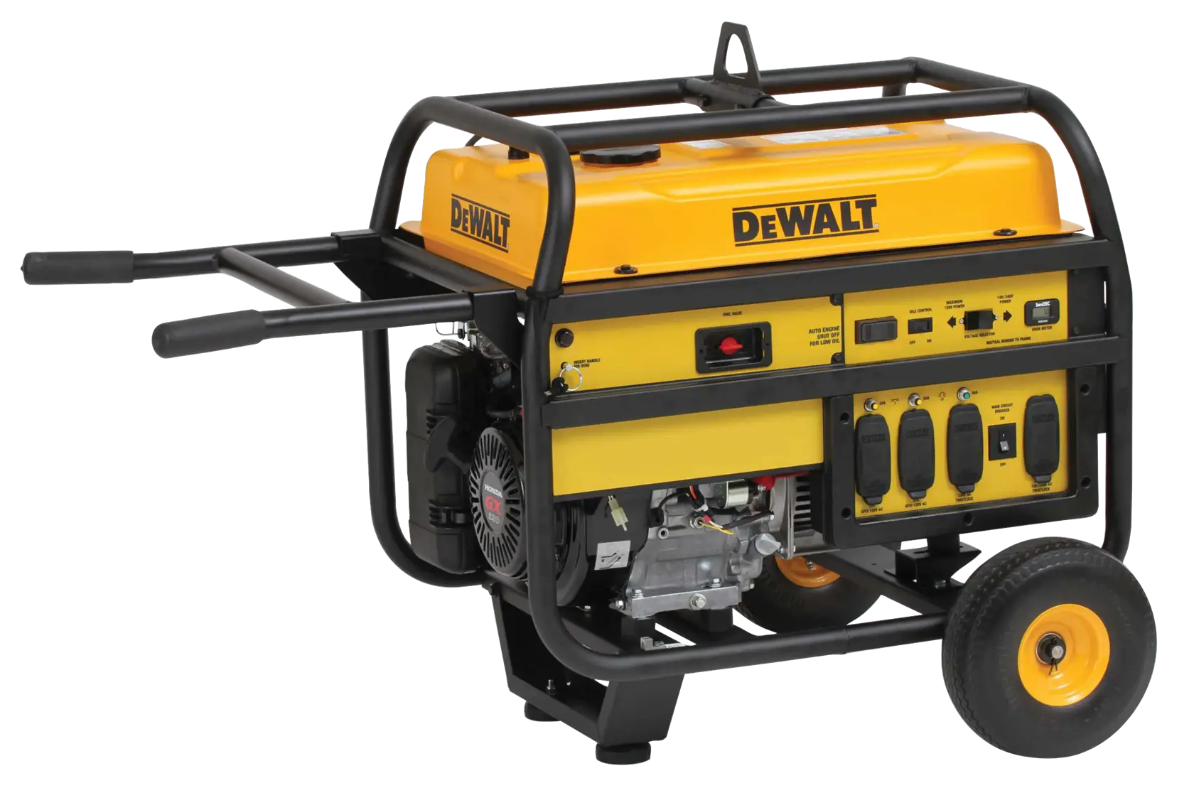 A portable DEWALT generator with a yellow and black design, featuring multiple power outlets, wheels for mobility, and sturdy handles for transport.