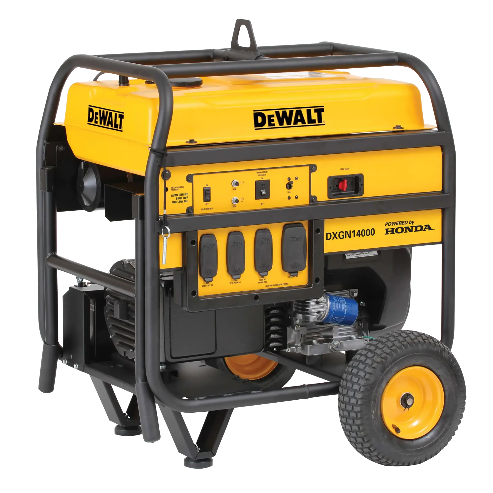 A DEWALT portable generator, model DXGN14000 powered by Honda, featuring a yellow and black exterior, control panel with multiple outlets, and rugged wheels for mobility.