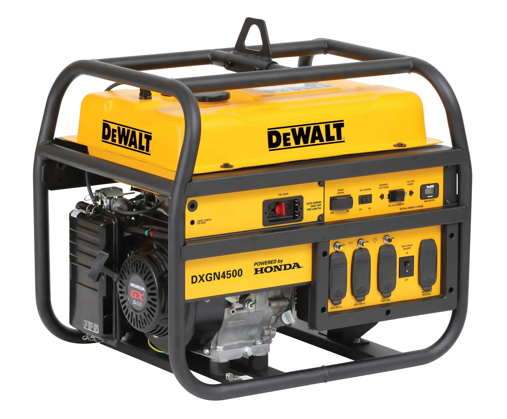 A DeWalt DXGN4500 portable generator powered by Honda, featuring a yellow and black design, multiple power outlets, and control switches, enclosed in a sturdy metal frame.