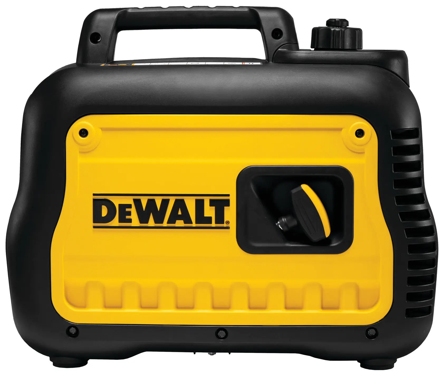 A DEWALT portable generator with a yellow and black design, featuring a handle on top and control knobs.
