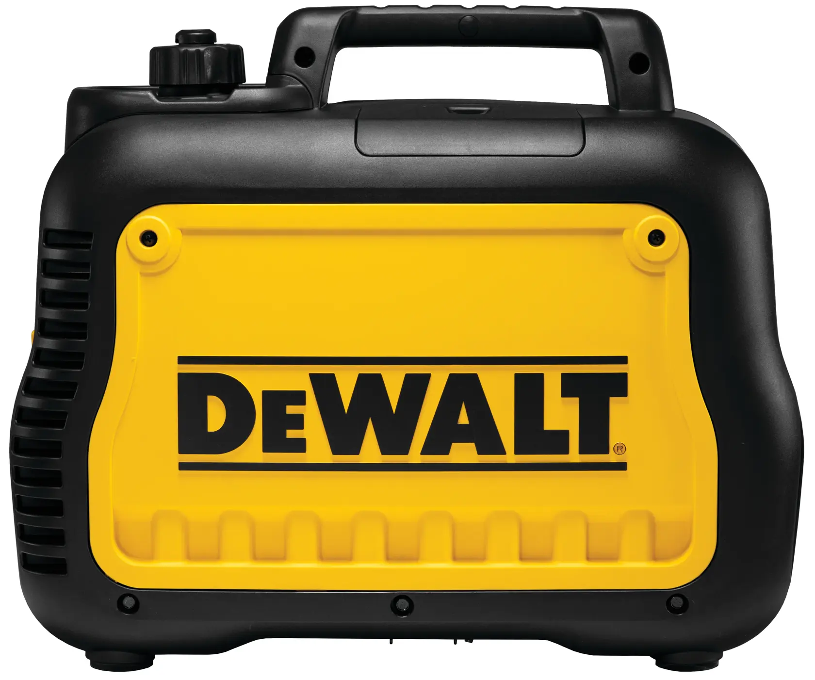A portable DEWALT generator with a sturdy handle, featuring a yellow front panel and black casing.